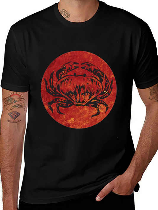 Crab Graphic Tee - Red Circle Design Black Cotton Shirt