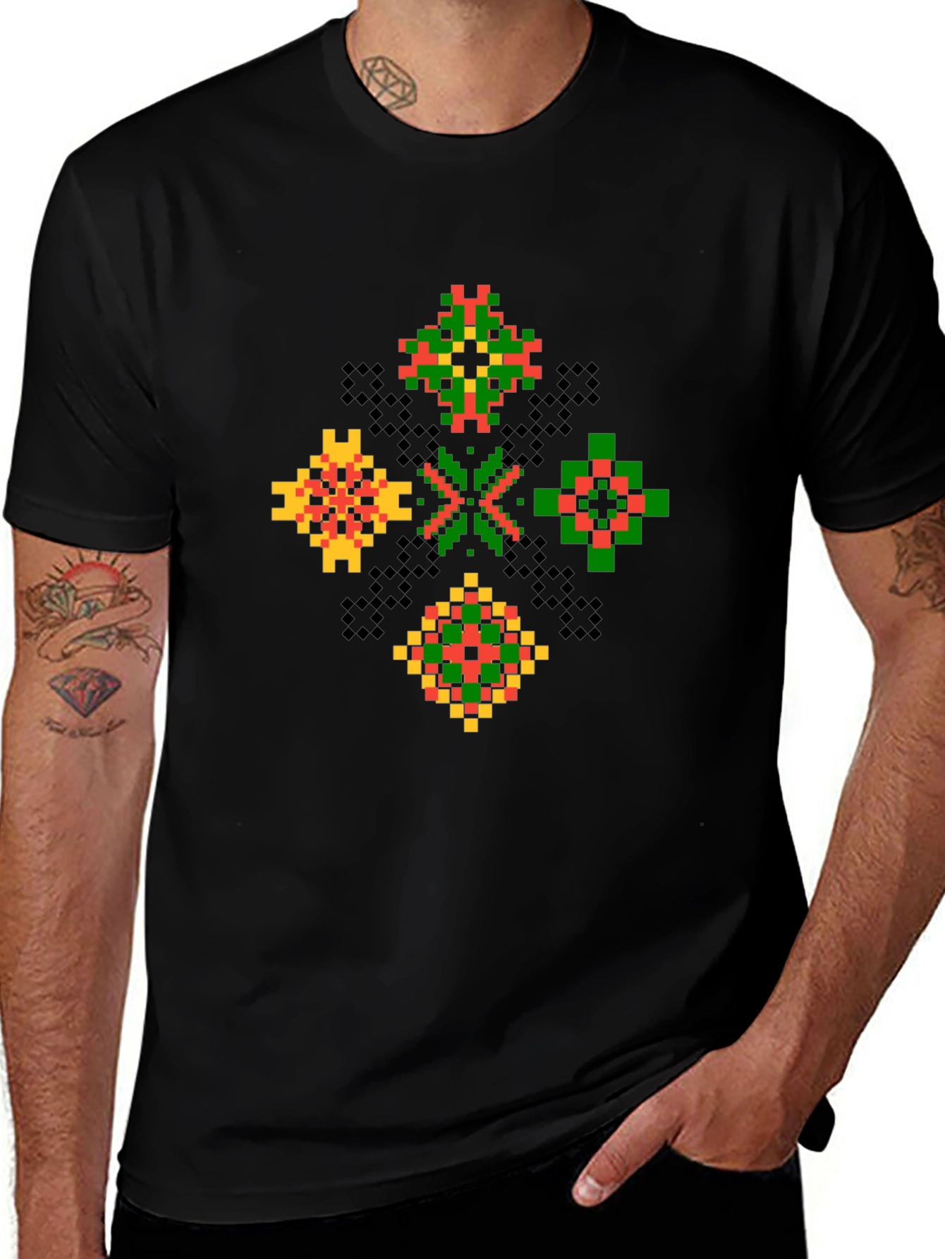 Geometric Pixel Art T-Shirt - Black