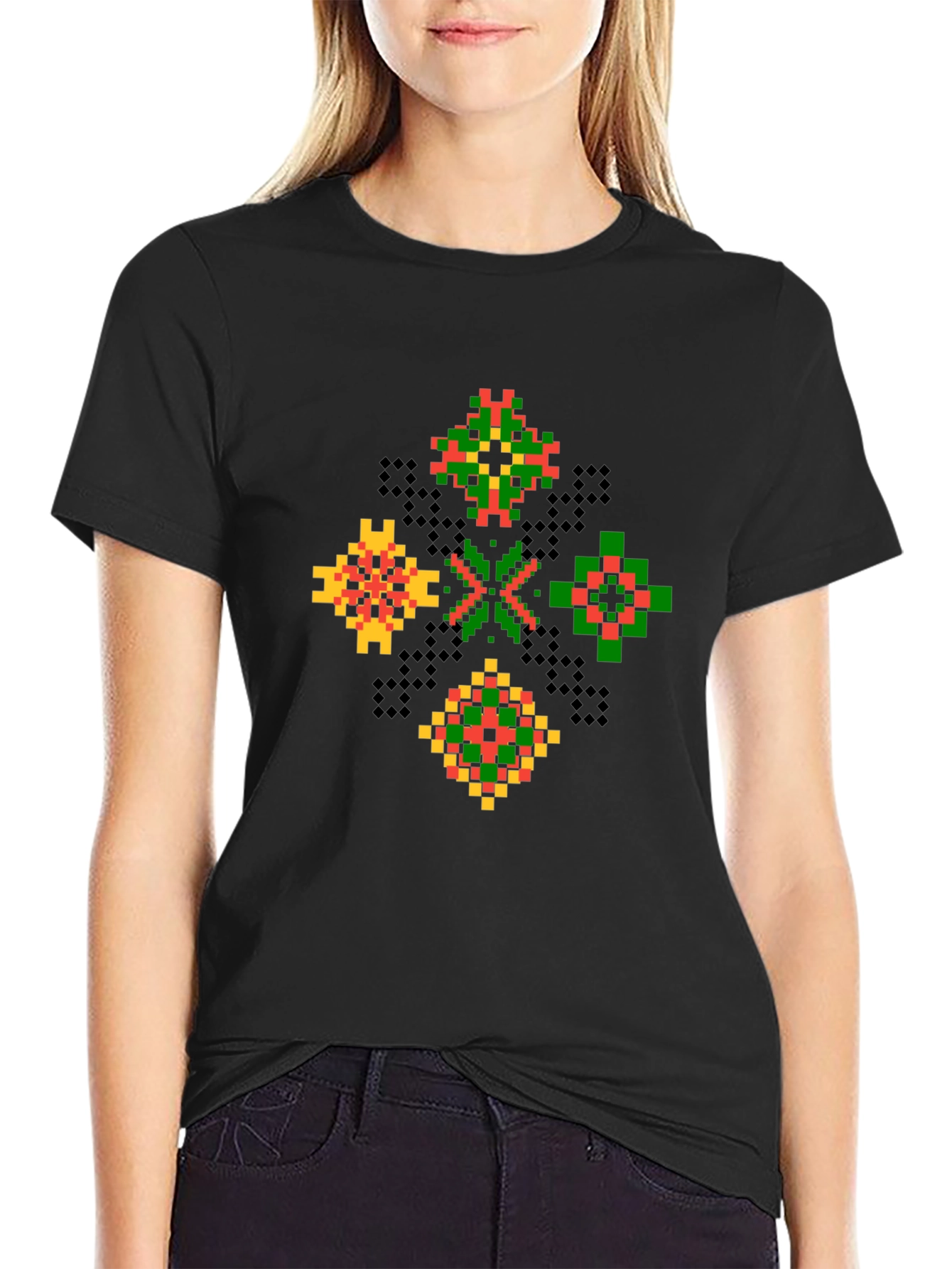 Geometric Pixel Art T-Shirt - Black