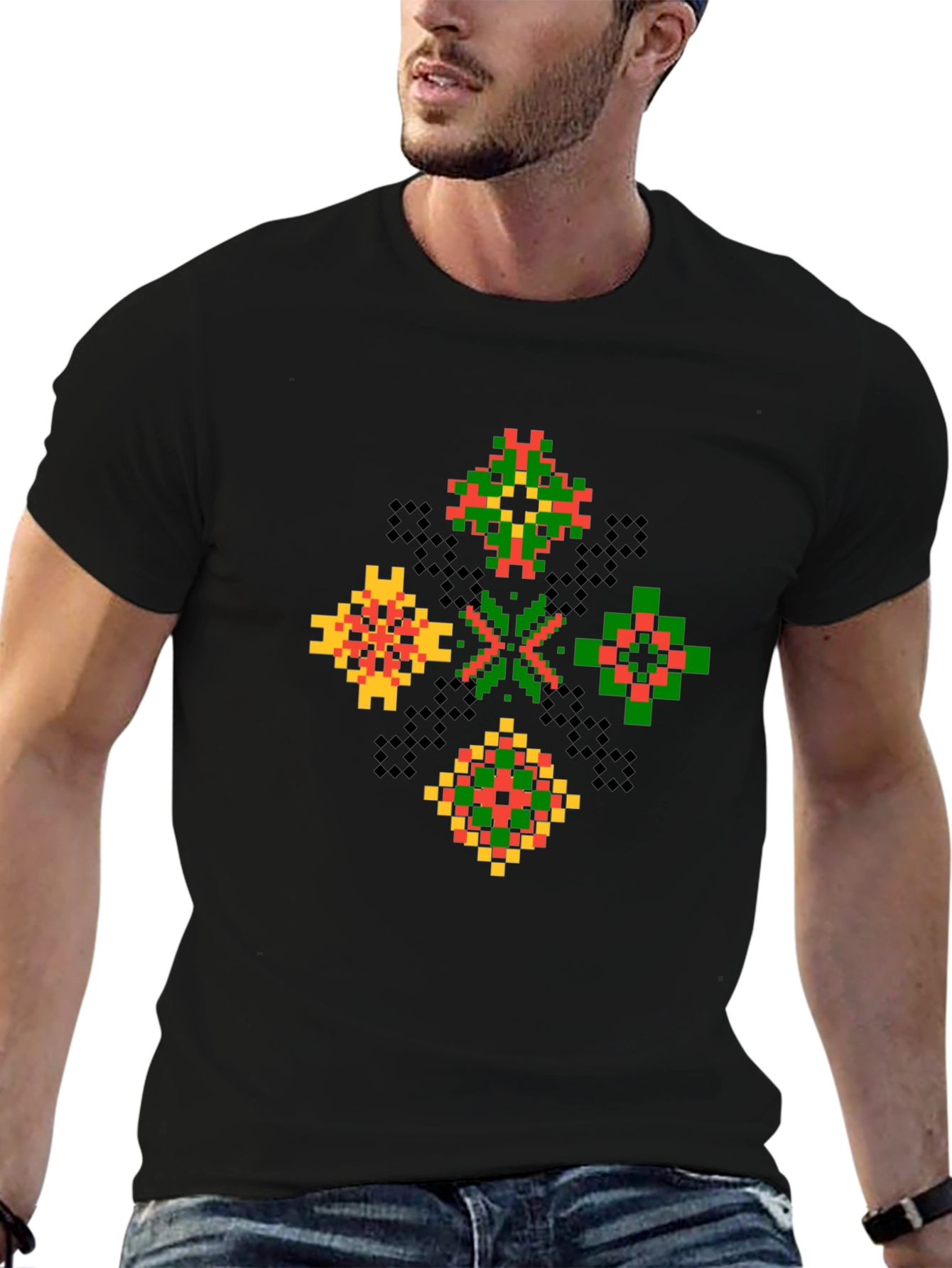 Geometric Pixel Art T-Shirt - Black