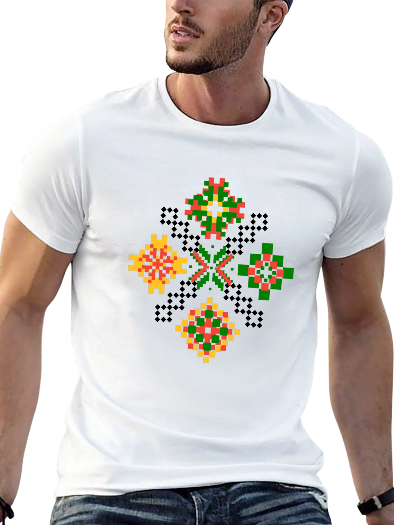 Geometric Pixel Art T-Shirt - Black