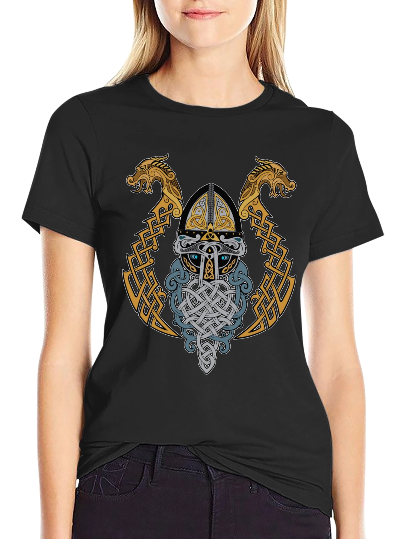 Viking Helmet Graphic T-Shirt - Norse Mythology Art