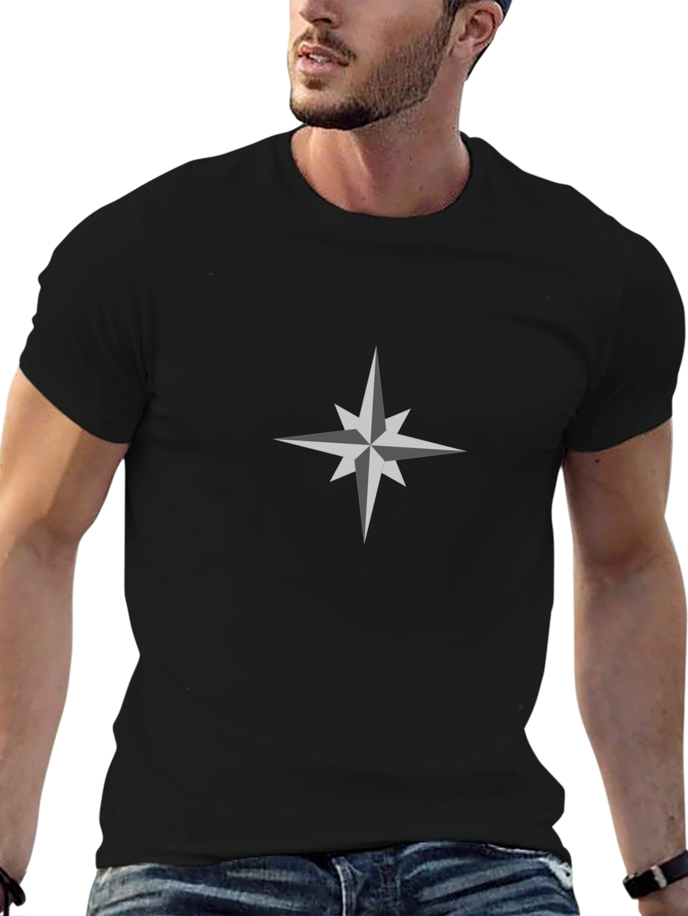 Black T-Shirt with Compass Star Design
