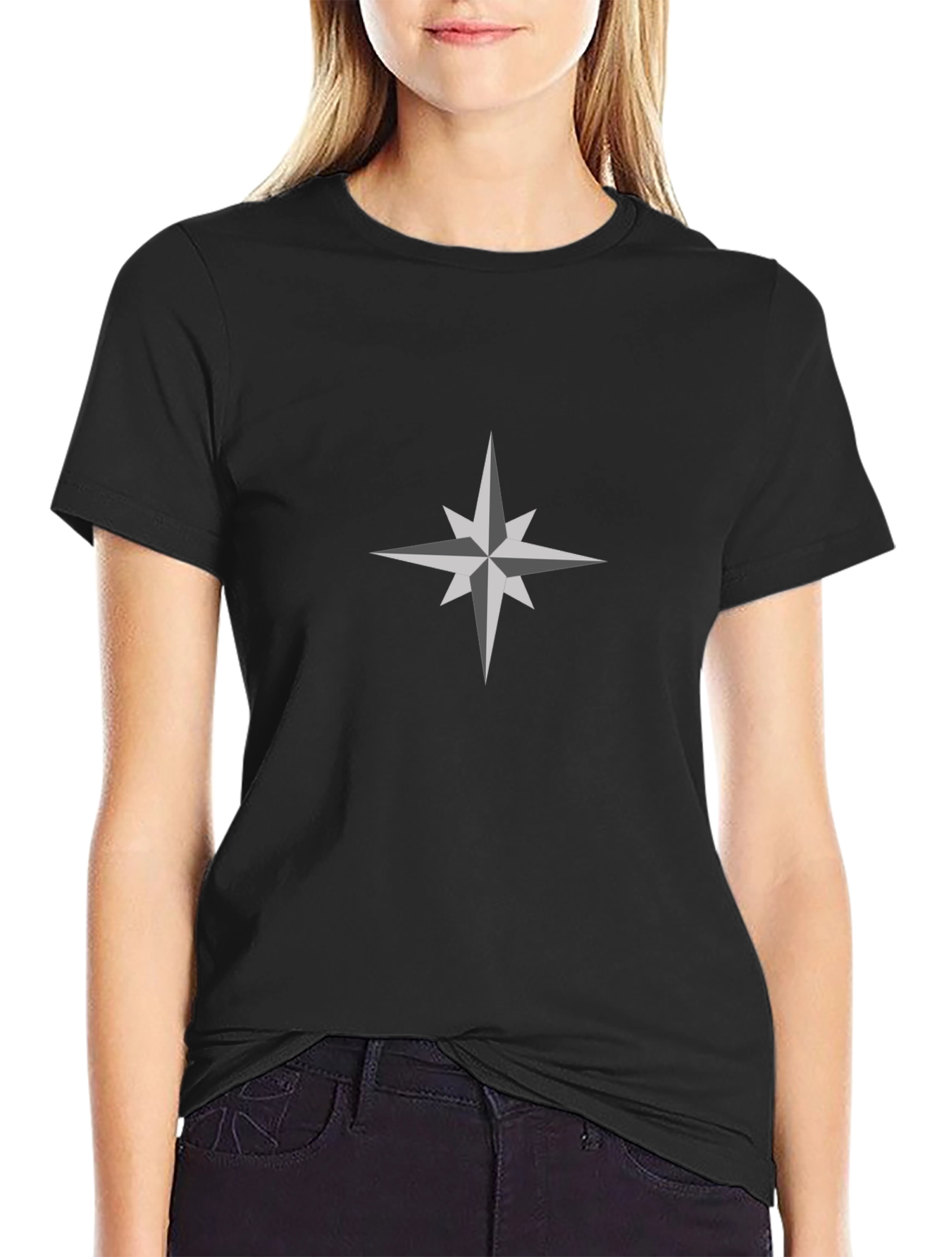 Black T-Shirt with Compass Star Design