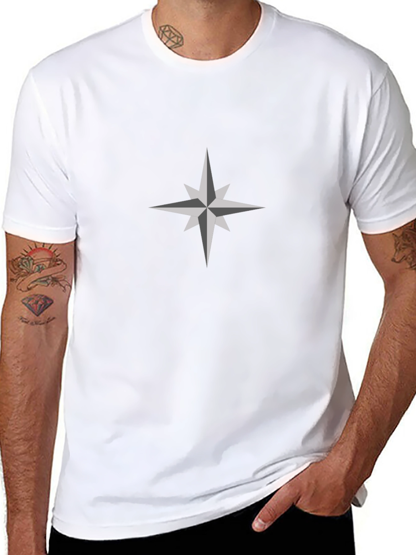 Black T-Shirt with Compass Star Design