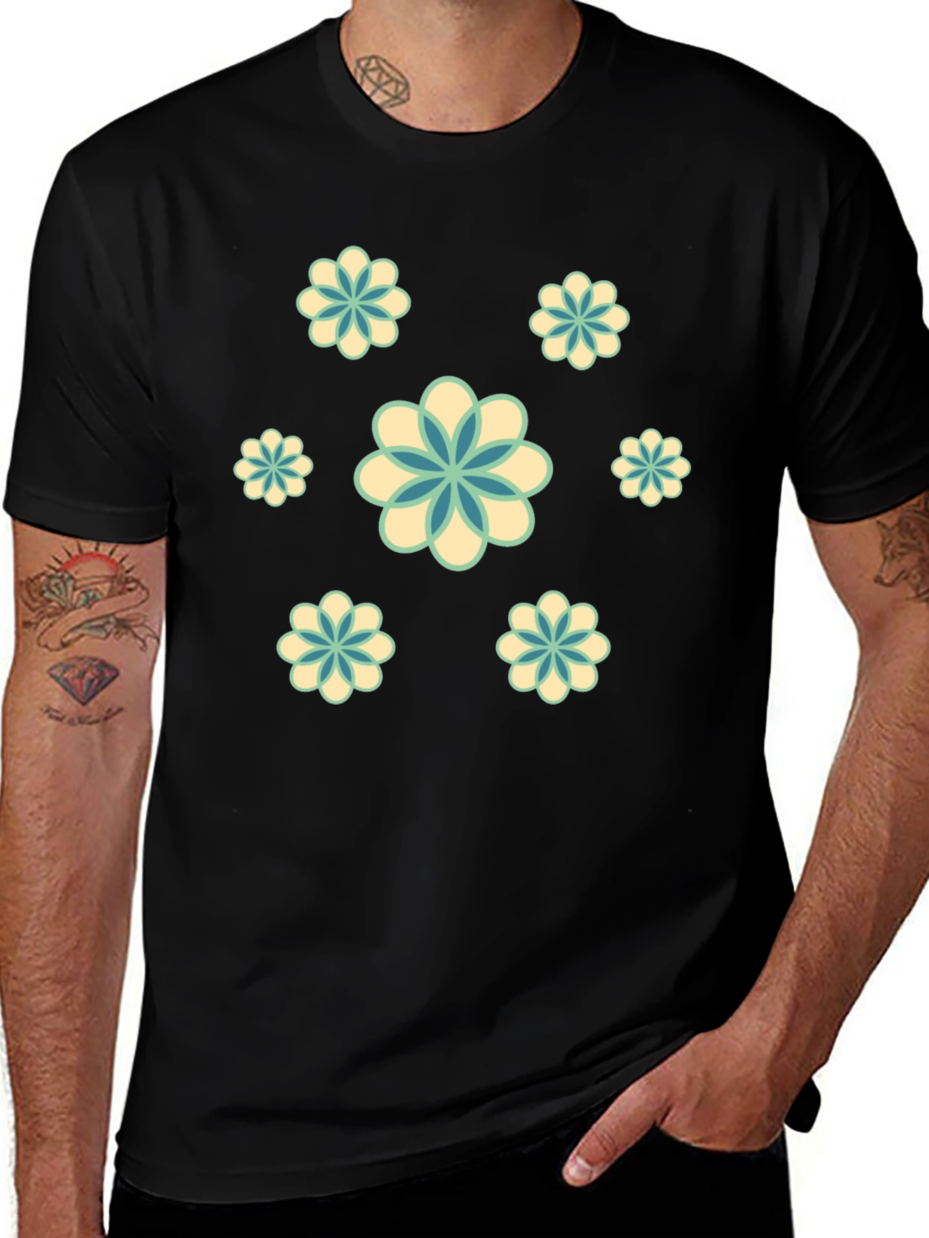 Retro Floral Print Black T-Shirt