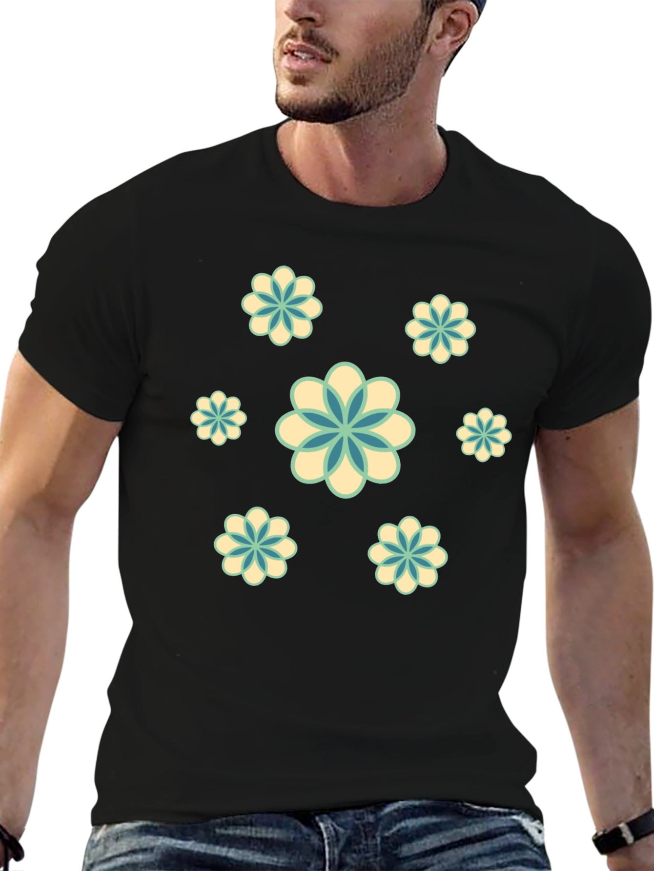 Retro Floral Print Black T-Shirt