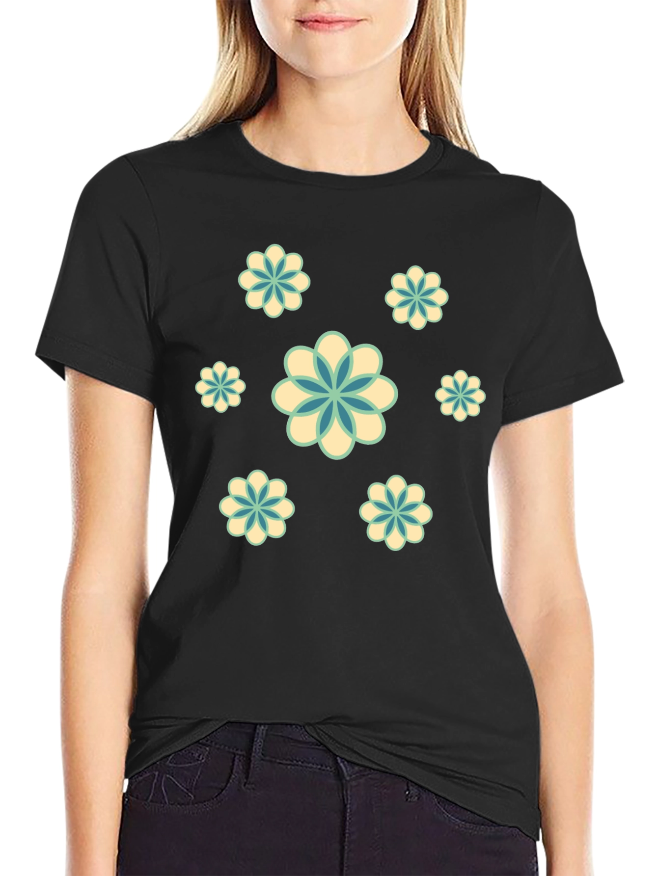 Retro Floral Print Black T-Shirt