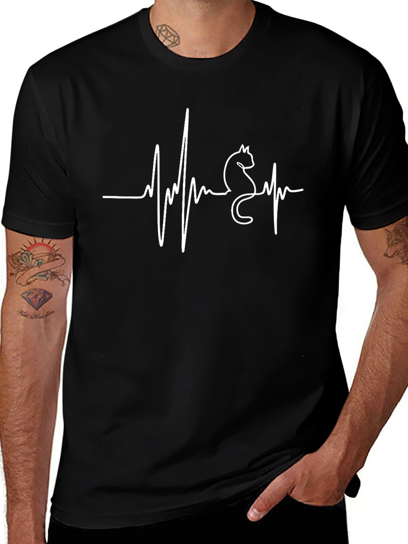 Cat Heartbeat T-Shirt - Black Graphic Tee