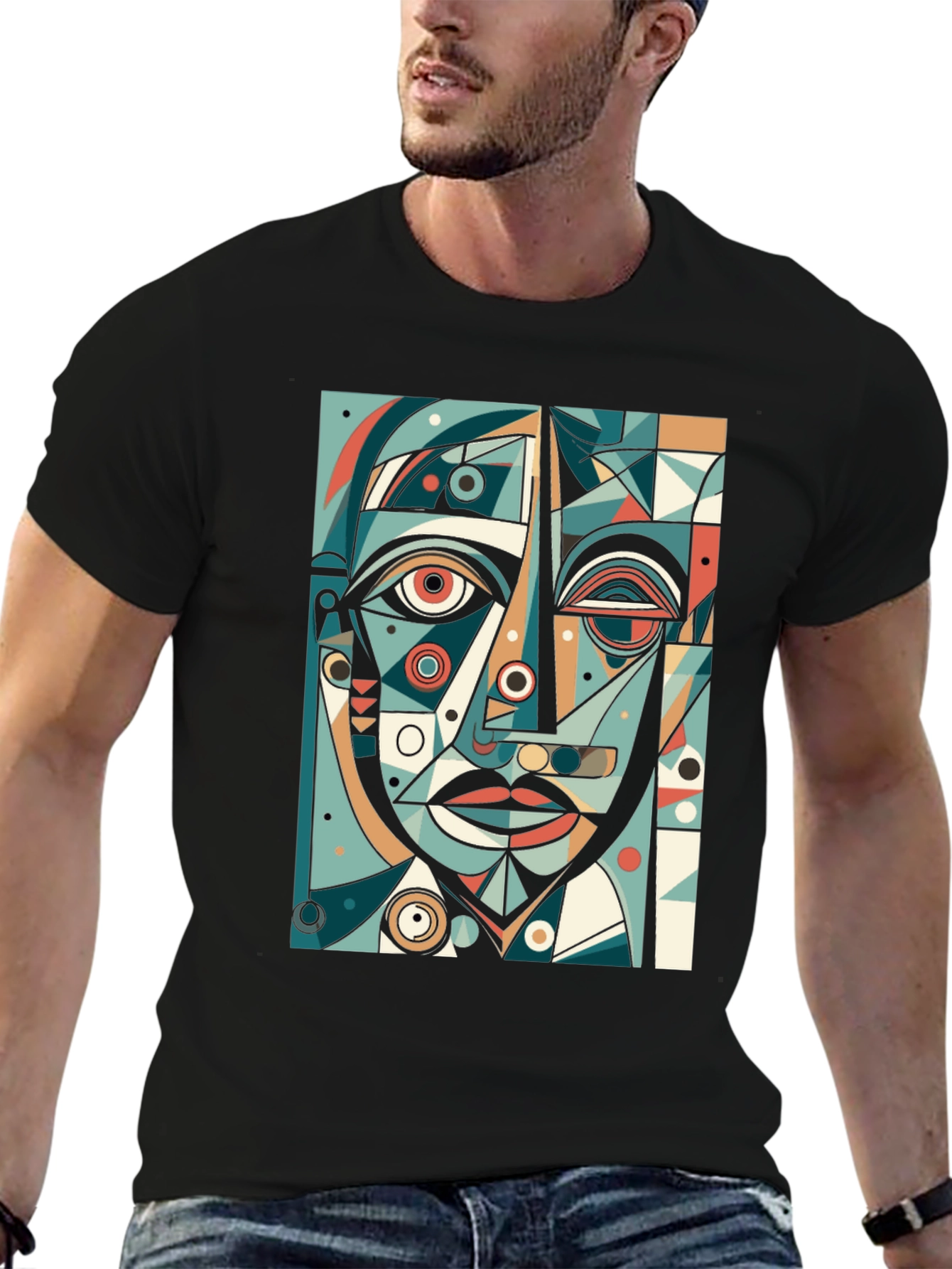 Abstract Geometric Face Graphic Tee - Black