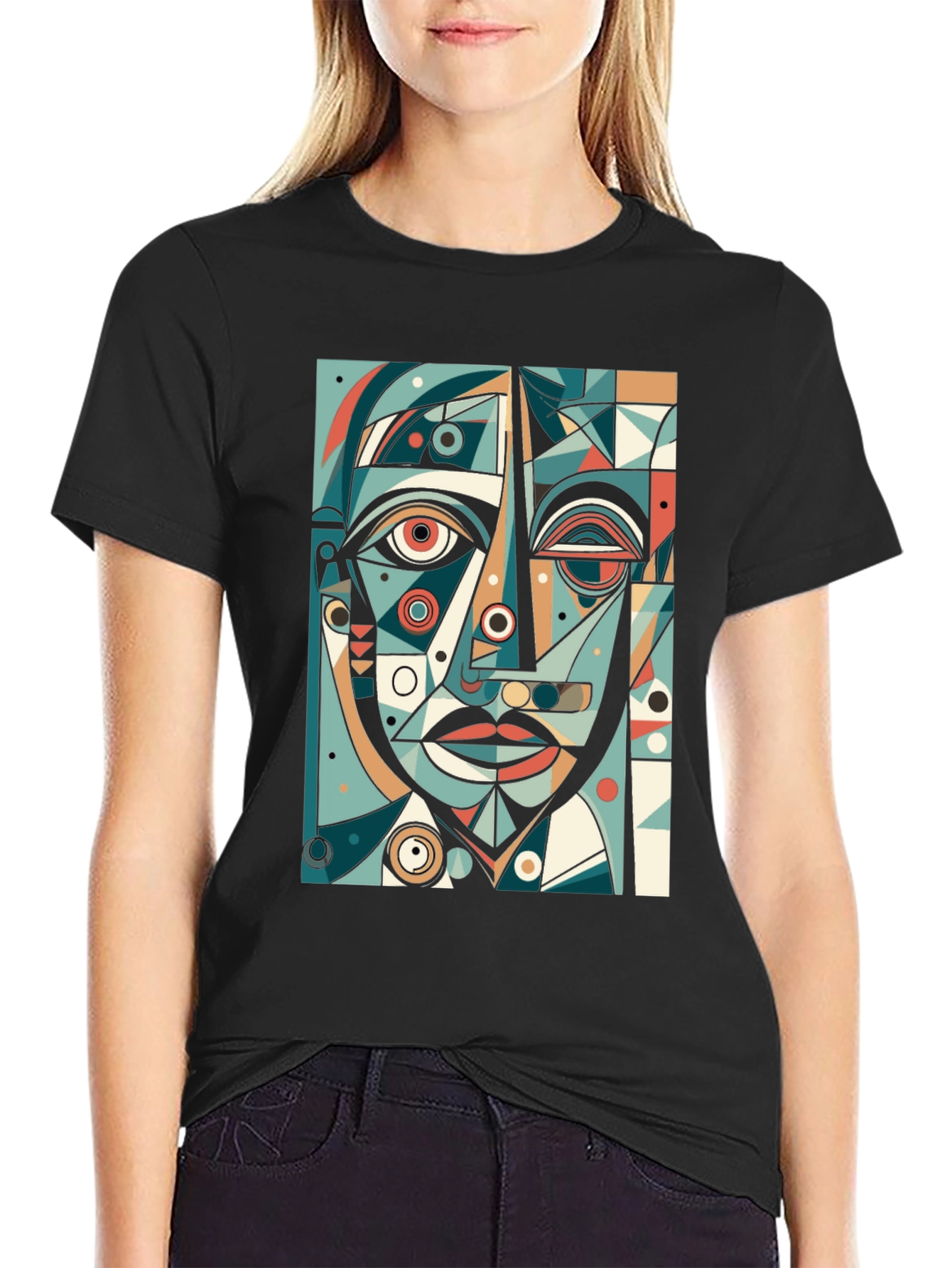 Abstract Geometric Face Graphic Tee - Black