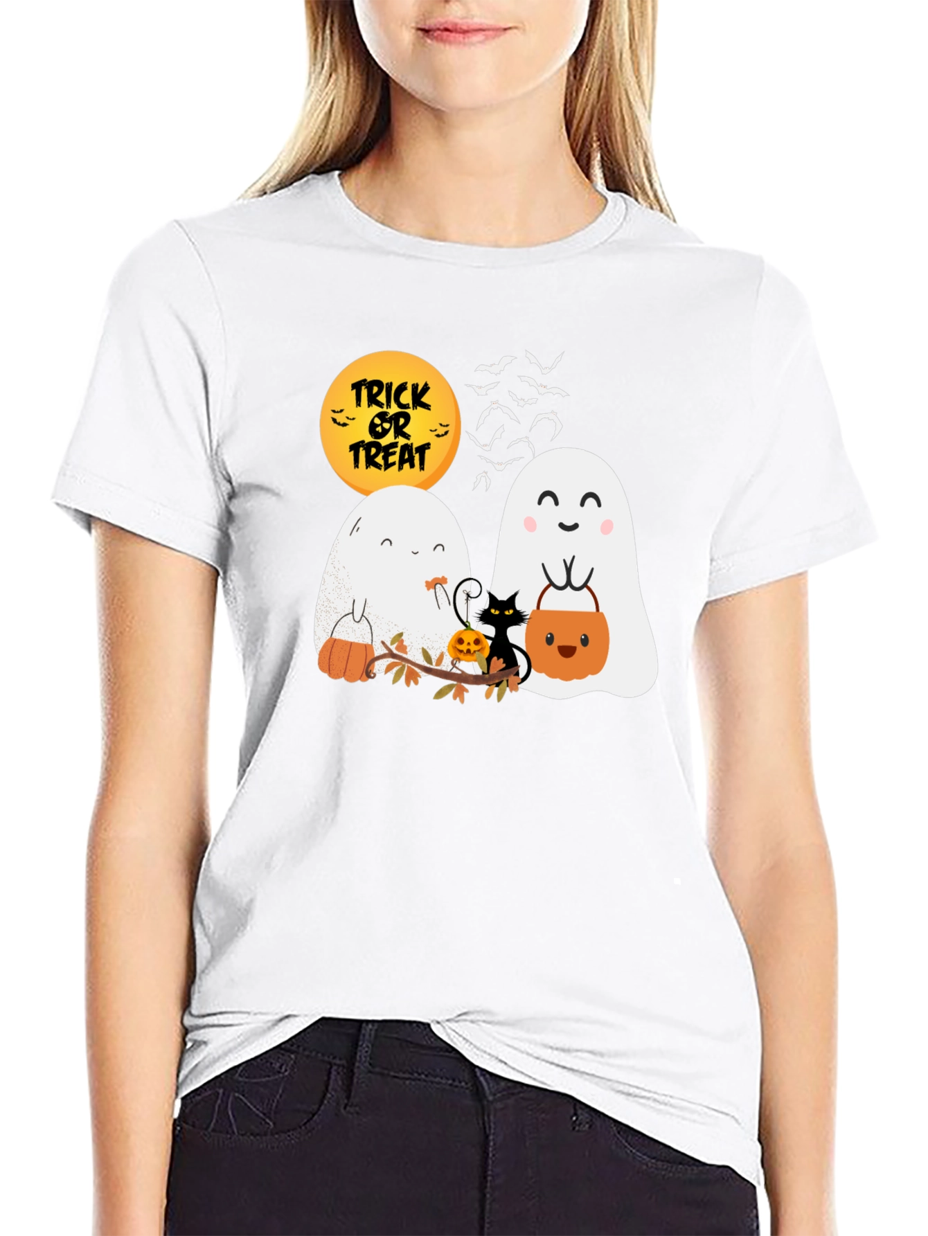 Halloween Ghost & Cat Graphic T-Shirt