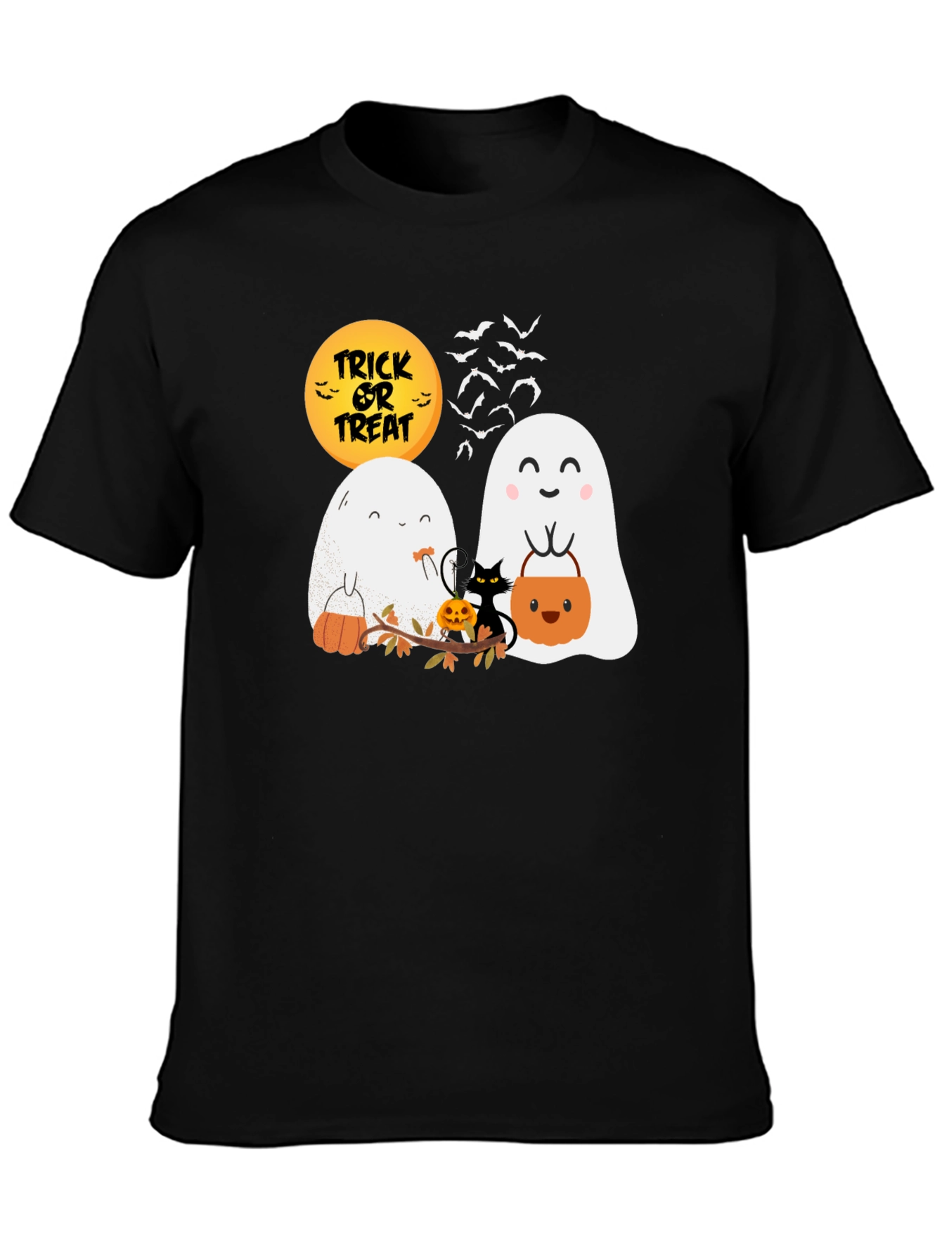 Halloween Ghost & Cat Graphic T-Shirt