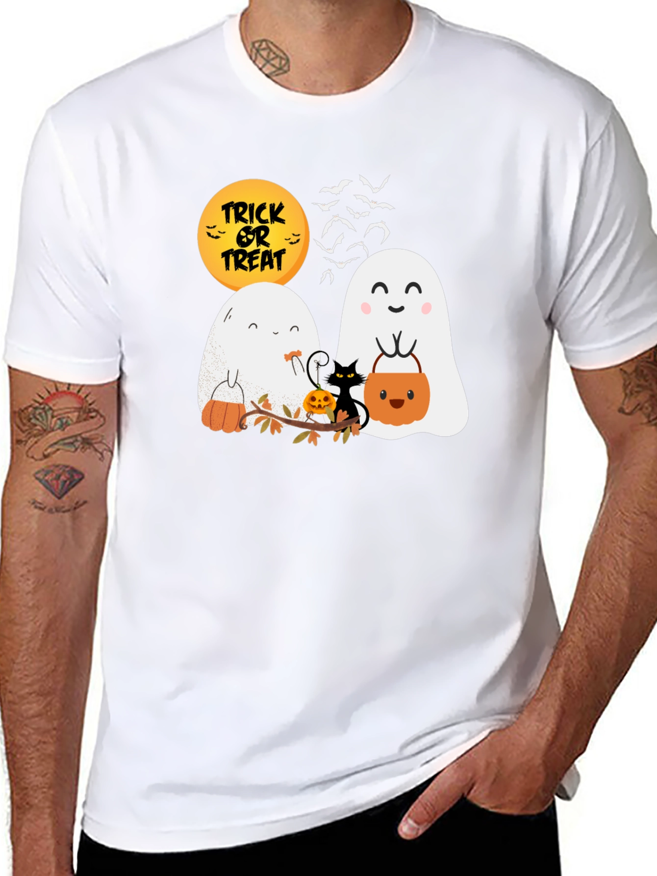 Halloween Ghost & Cat Graphic T-Shirt