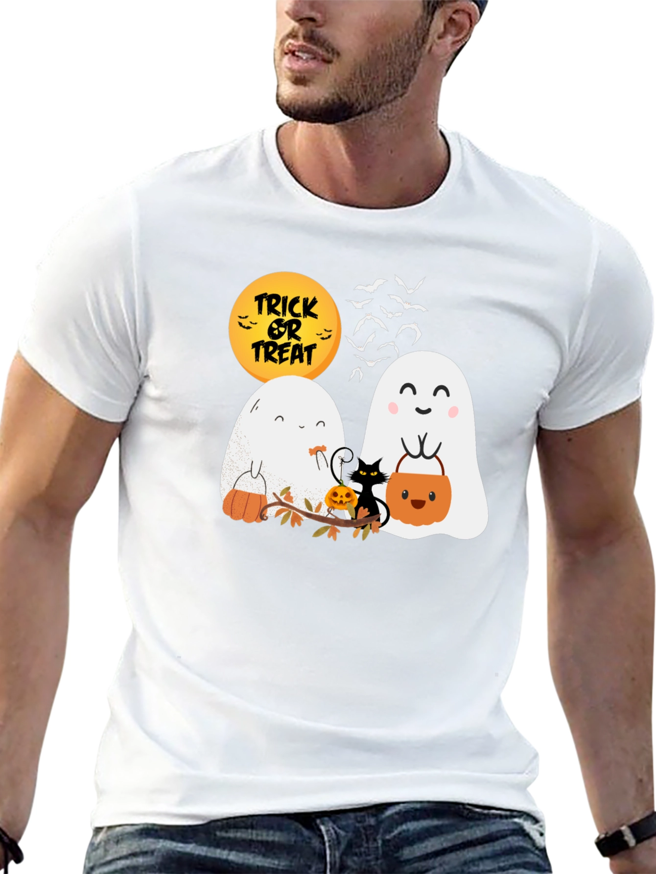 Halloween Ghost & Cat Graphic T-Shirt