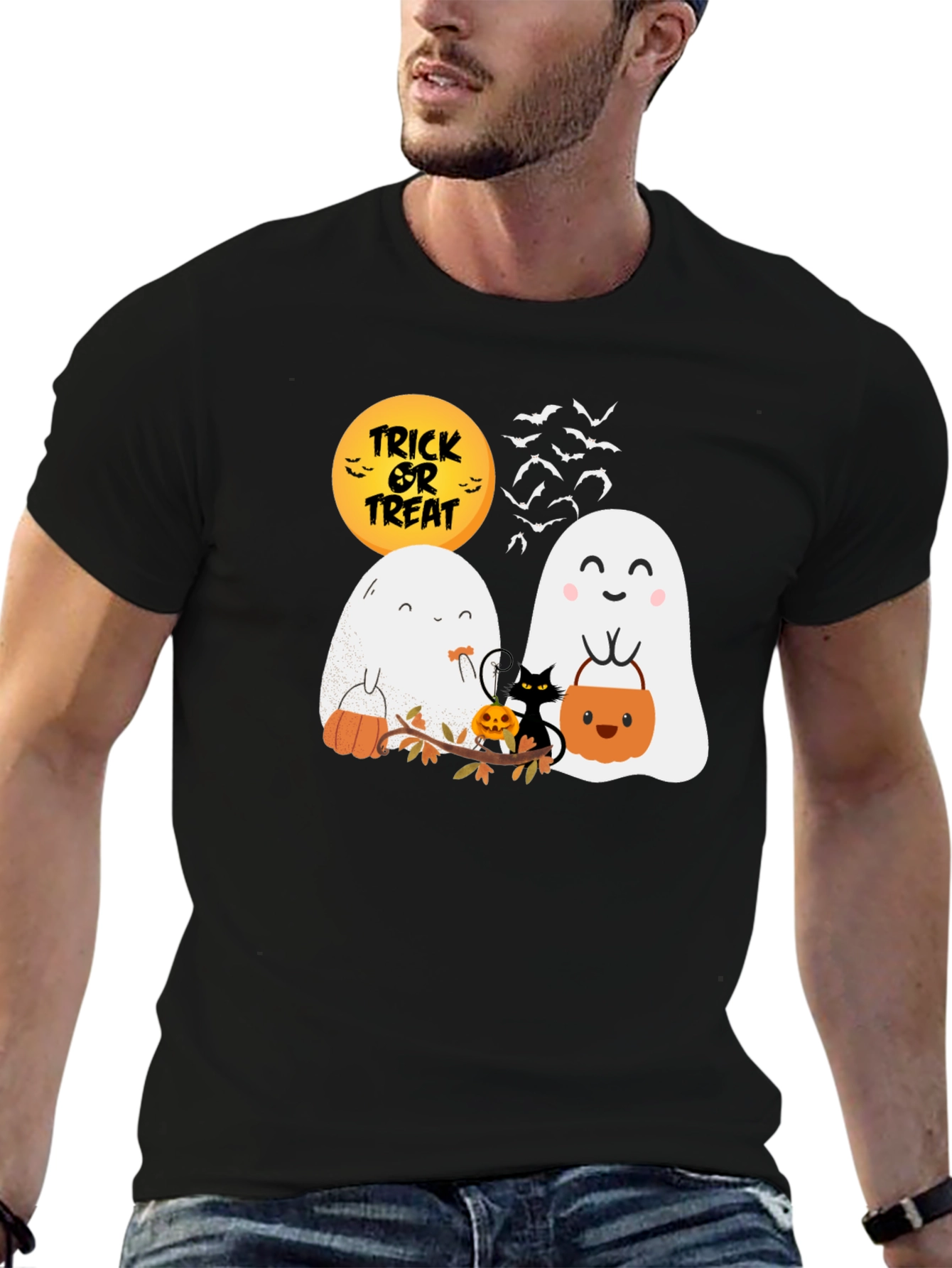 Halloween Ghost & Cat Graphic T-Shirt