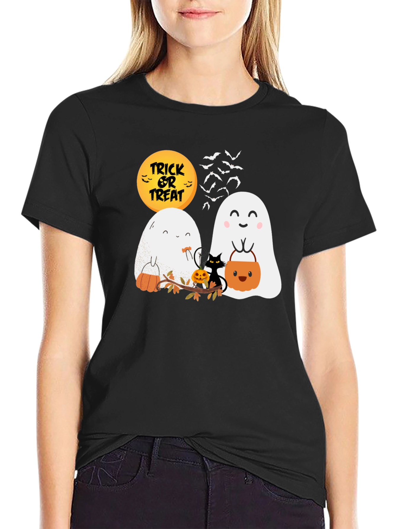 Halloween Ghost & Cat Graphic T-Shirt
