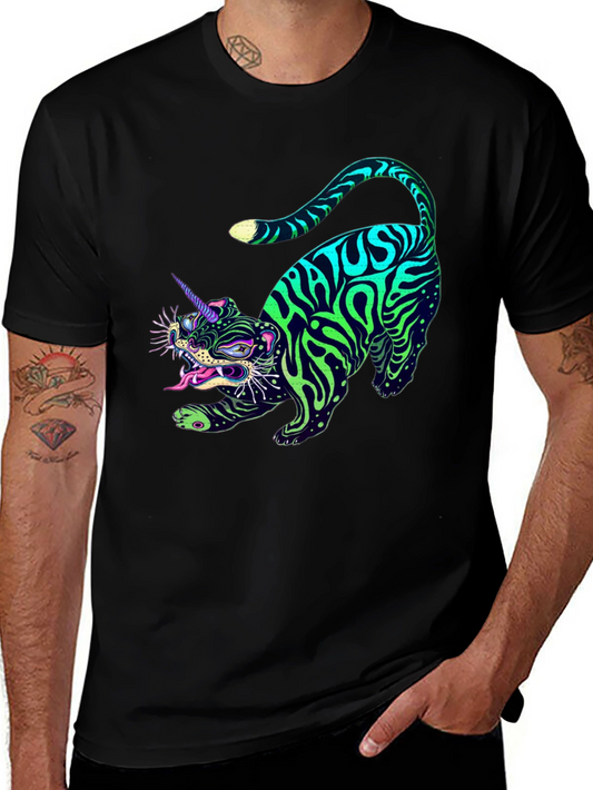 Neon Unicorn Cat Graphic Print Black T-Shirt