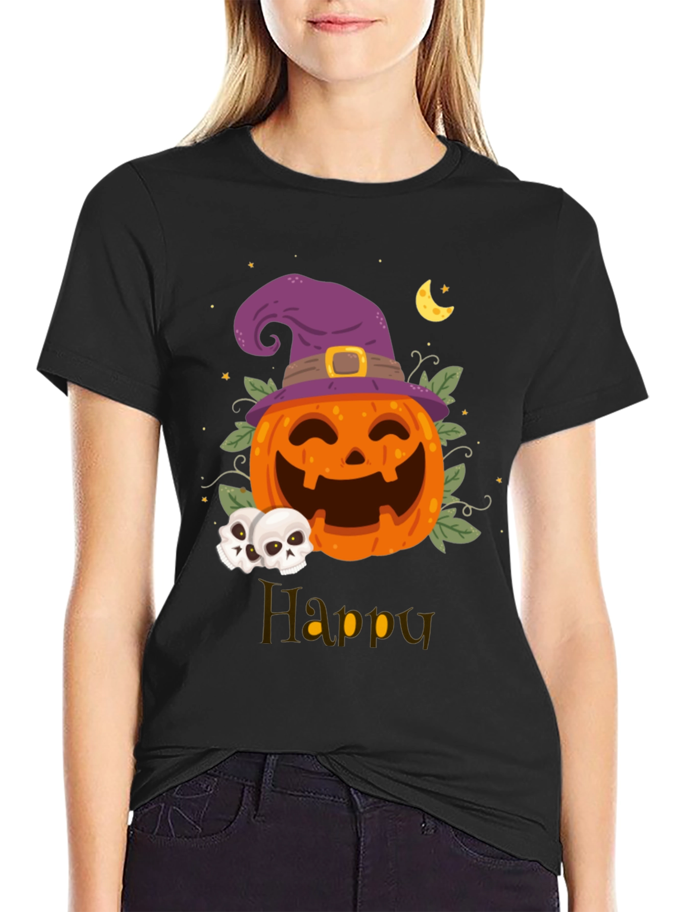 Happy Halloween Pumpkin Witch Hat Graphic T-Shirt