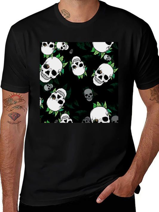 Skull & Leaf Print Black Tee