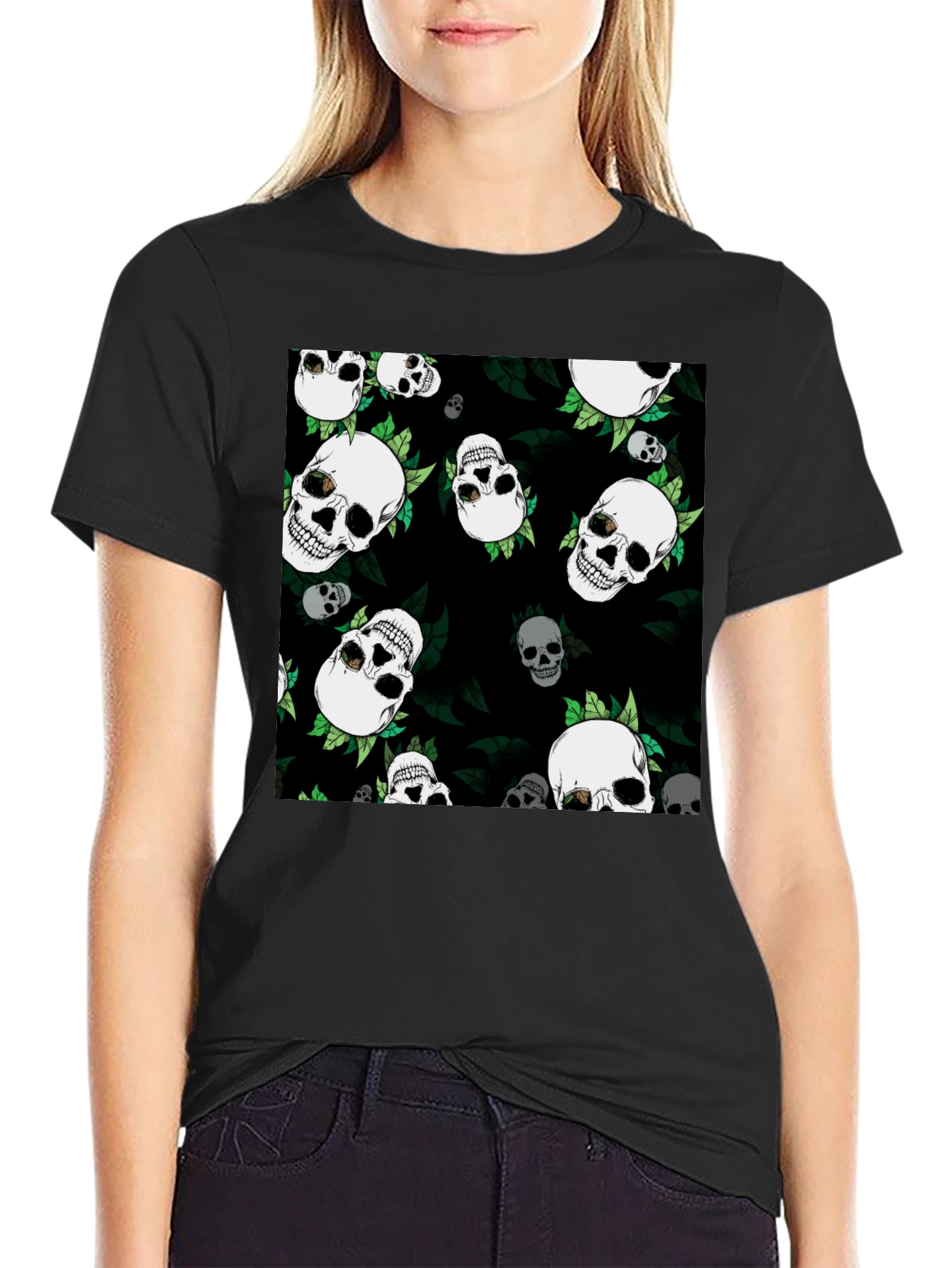 Skull & Leaf Print Black Tee