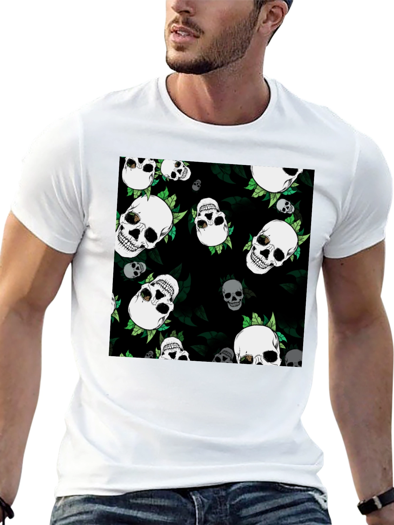 Skull & Leaf Print Black Tee
