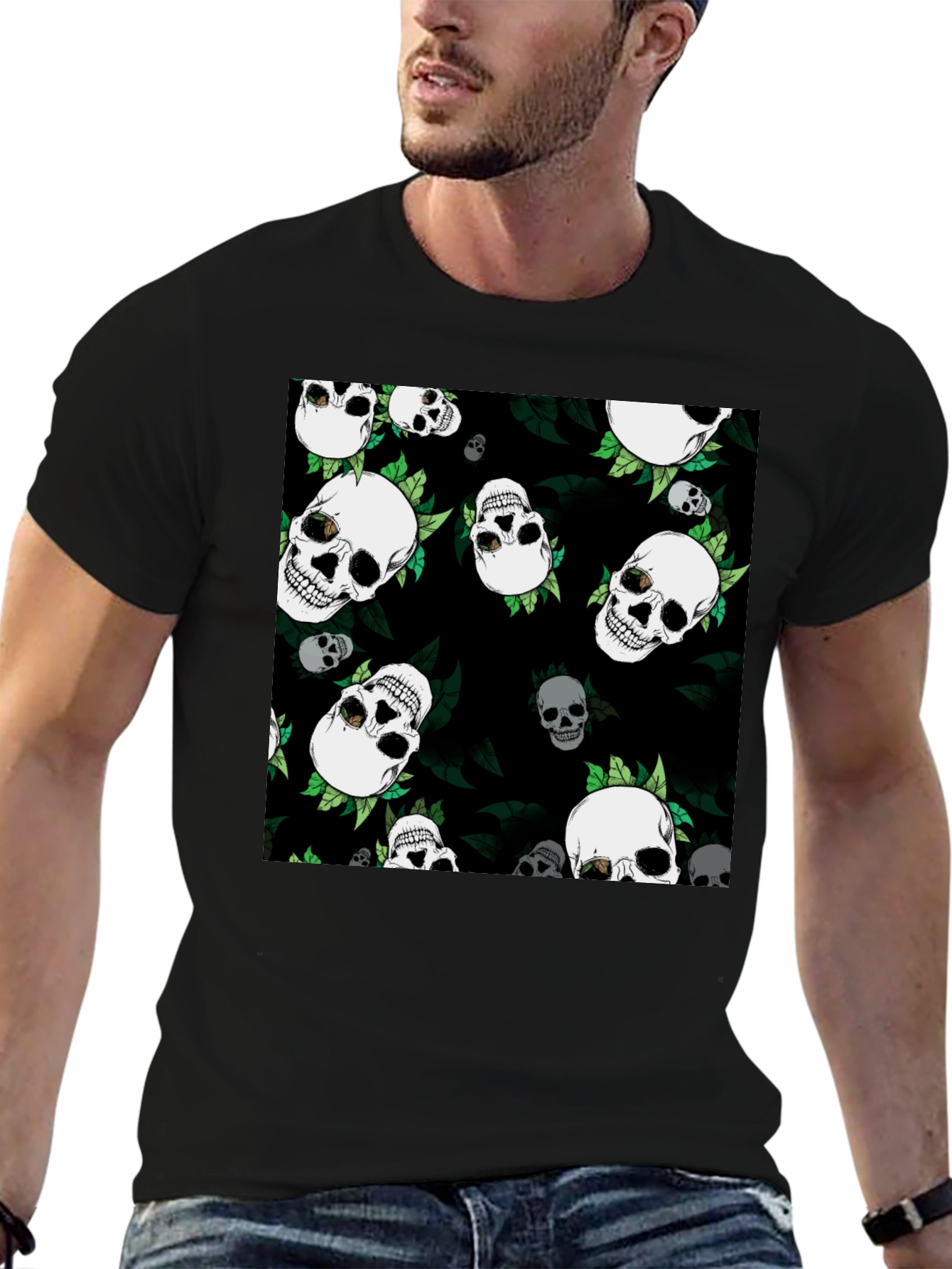 Skull & Leaf Print Black Tee