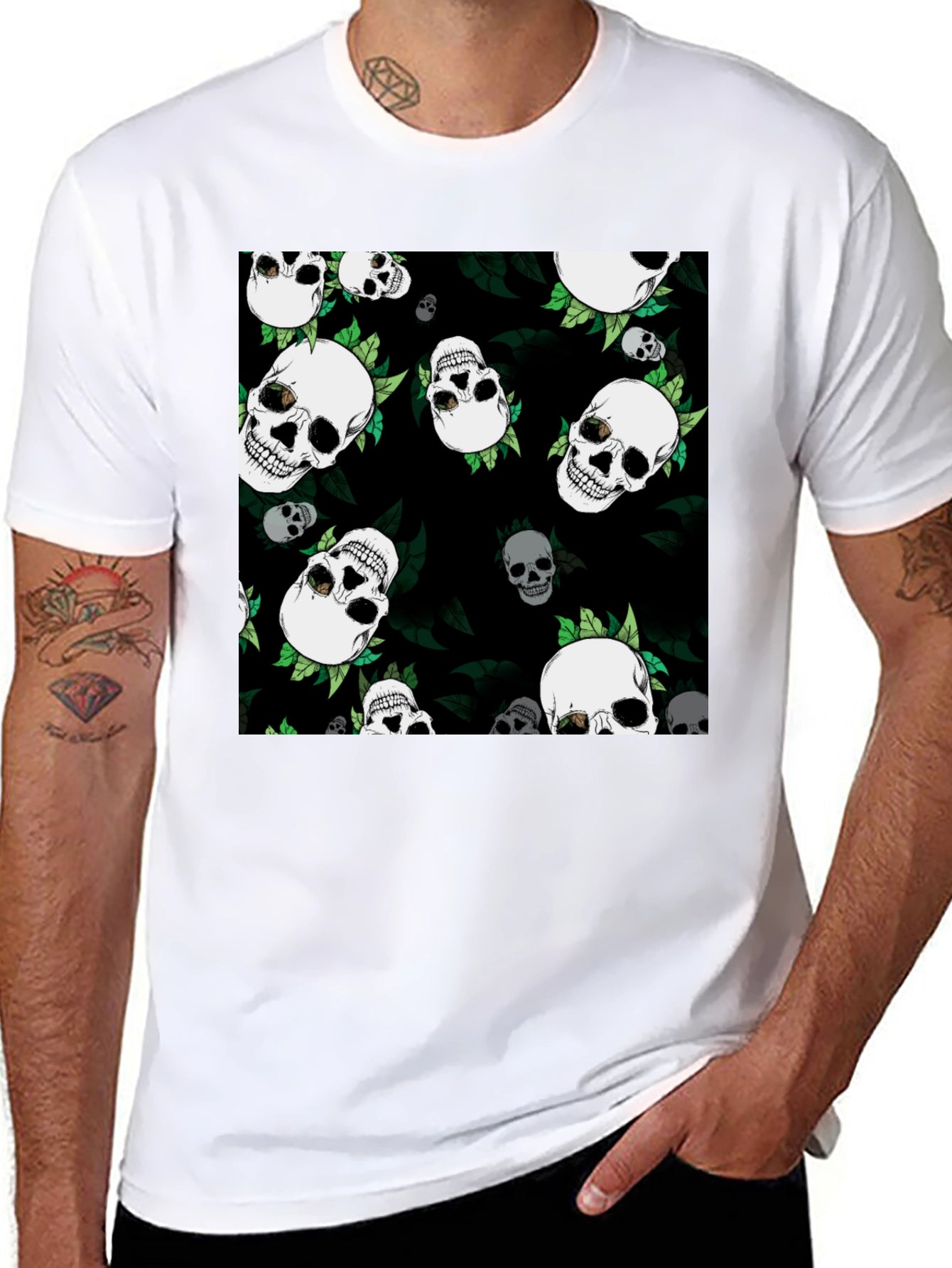 Skull & Leaf Print Black Tee