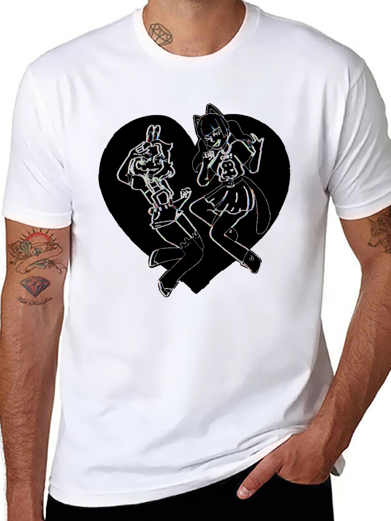 Anime Girl Heart Graphic Tee - Black Cotton Blend