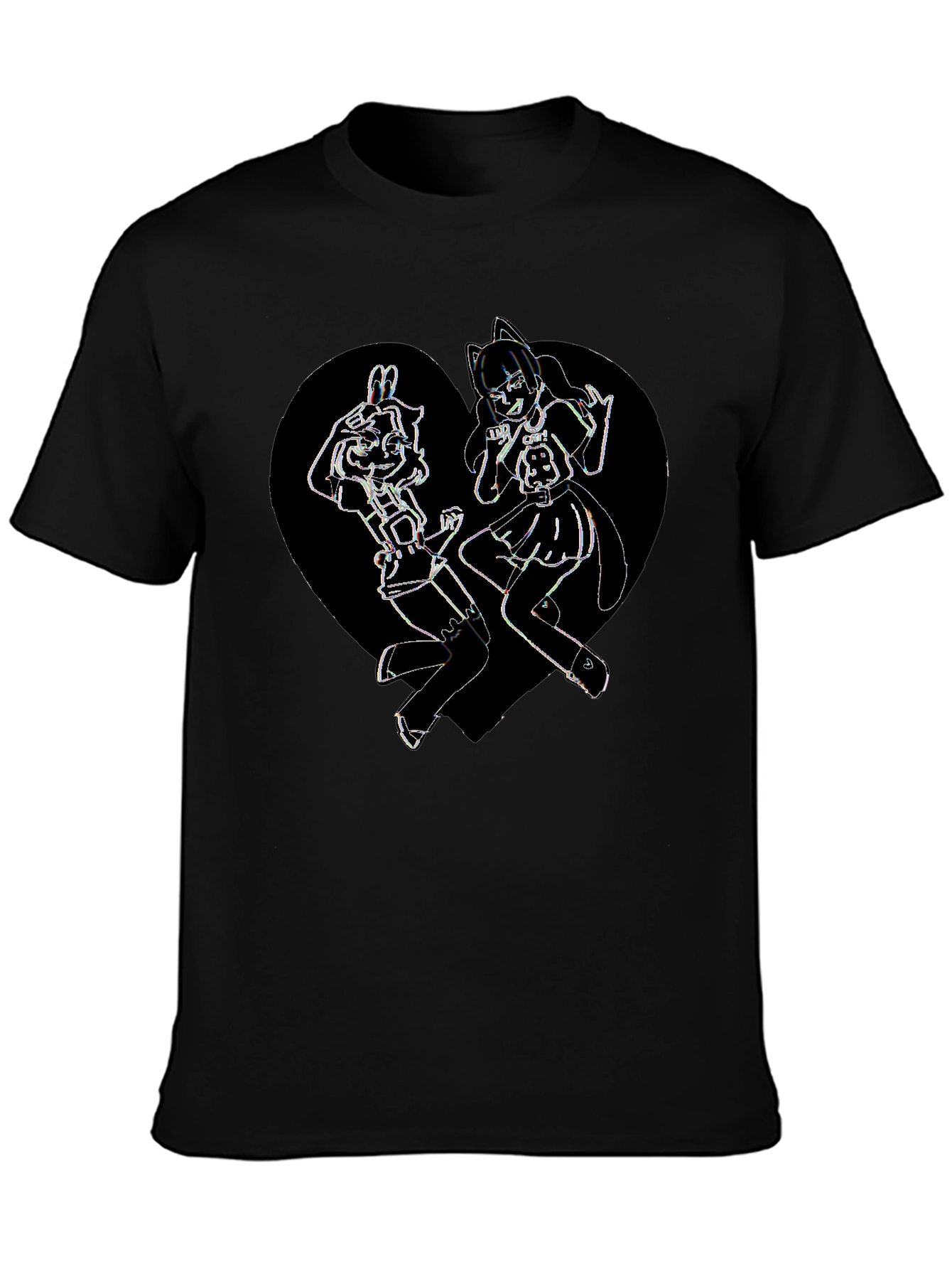 Anime Girl Heart Graphic Tee - Black Cotton Blend