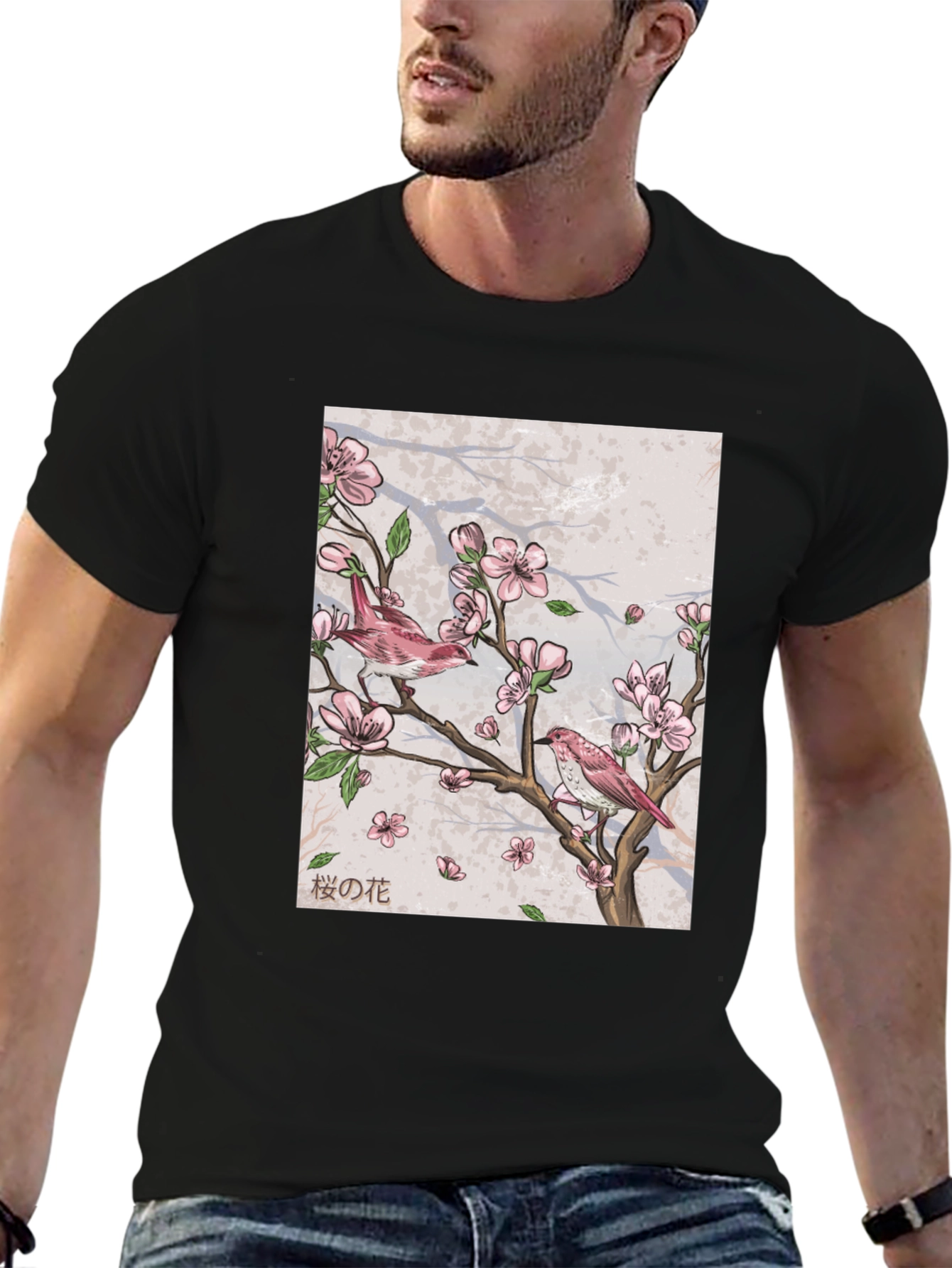 Cherry Blossom Bird Print Black T-Shirt