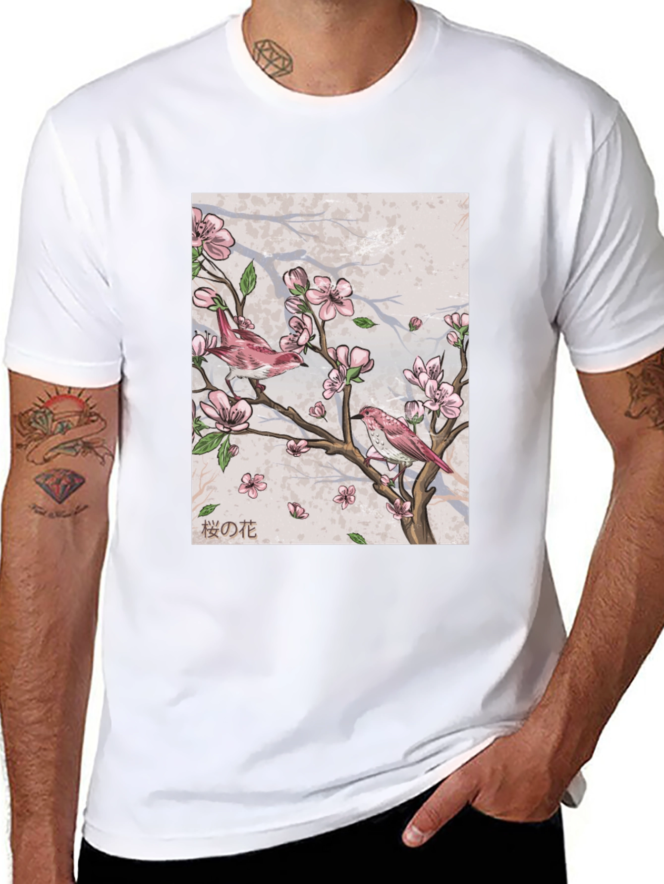 Cherry Blossom Bird Print Black T-Shirt