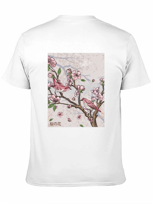 Cherry Blossom Bird Print Black T-Shirt
