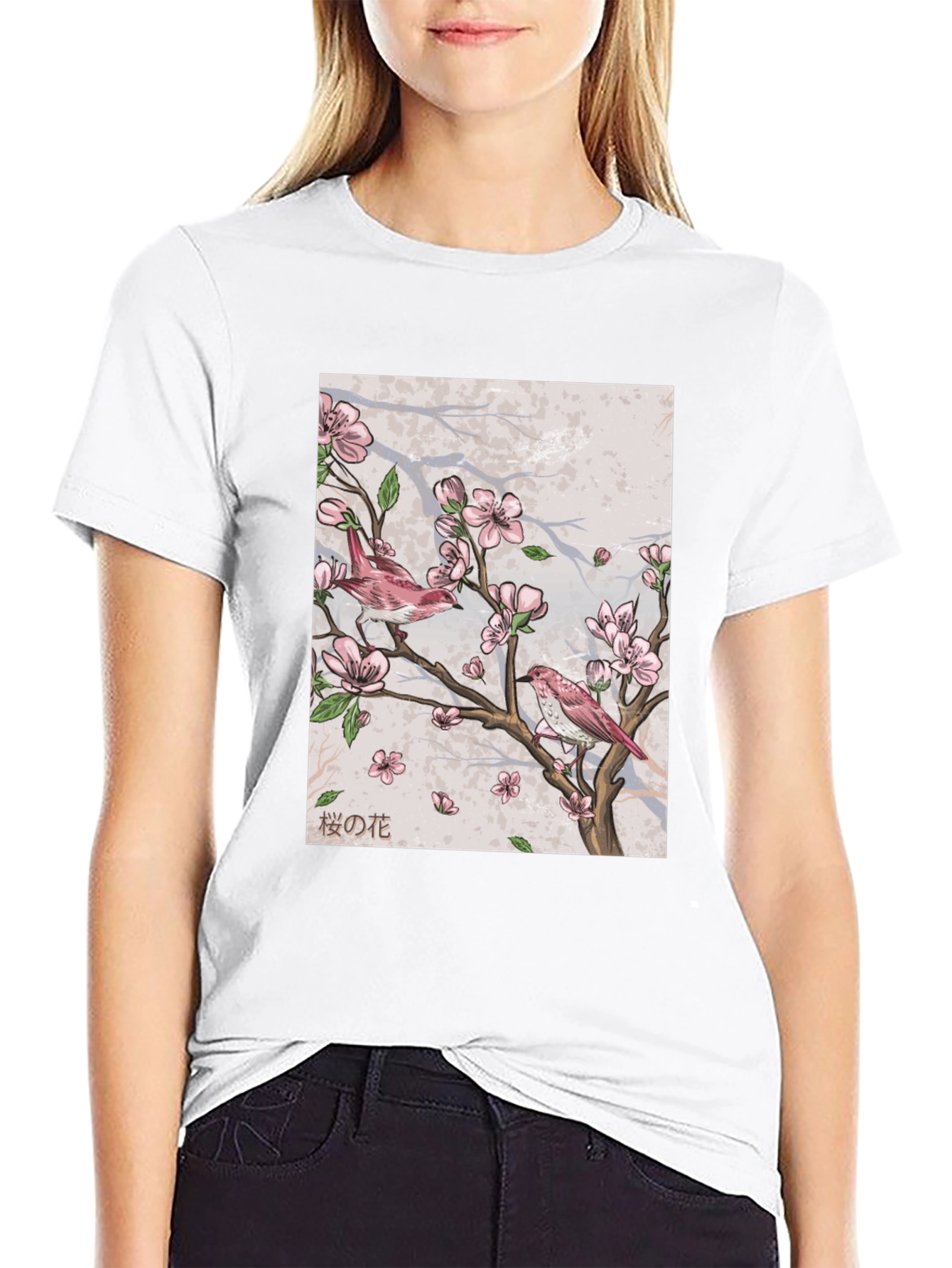 Cherry Blossom Bird Print Black T-Shirt