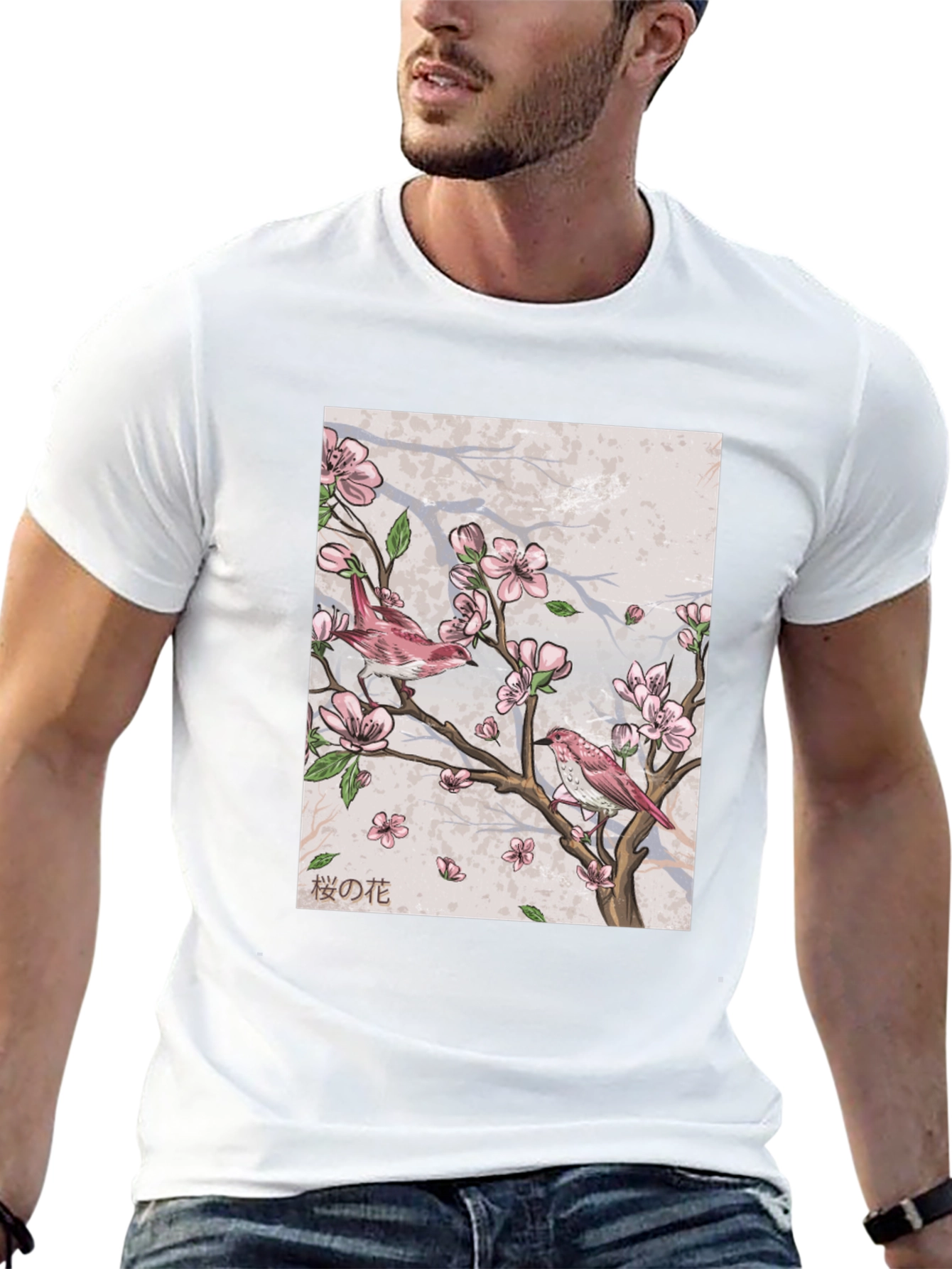 Cherry Blossom Bird Print Black T-Shirt