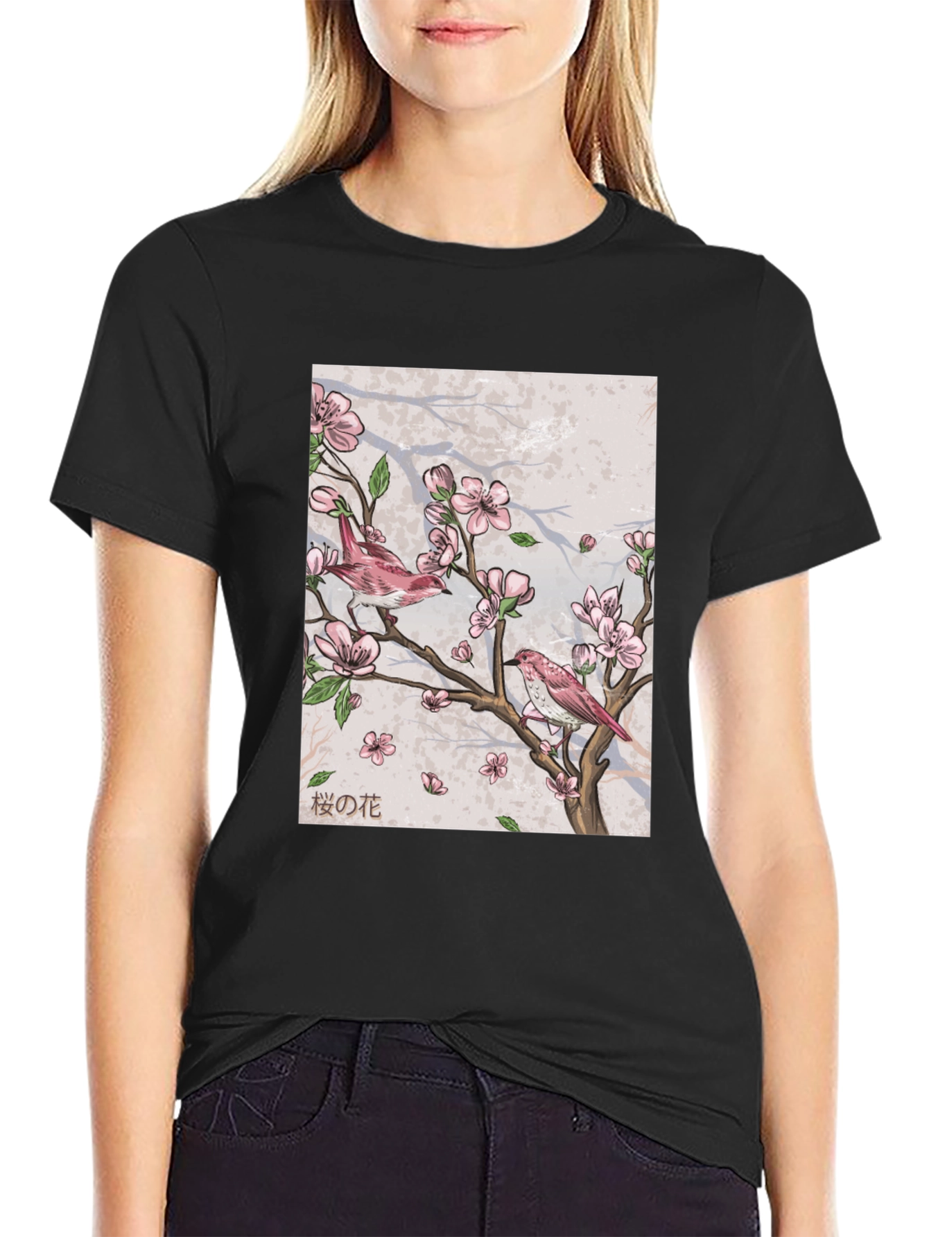 Cherry Blossom Bird Print Black T-Shirt