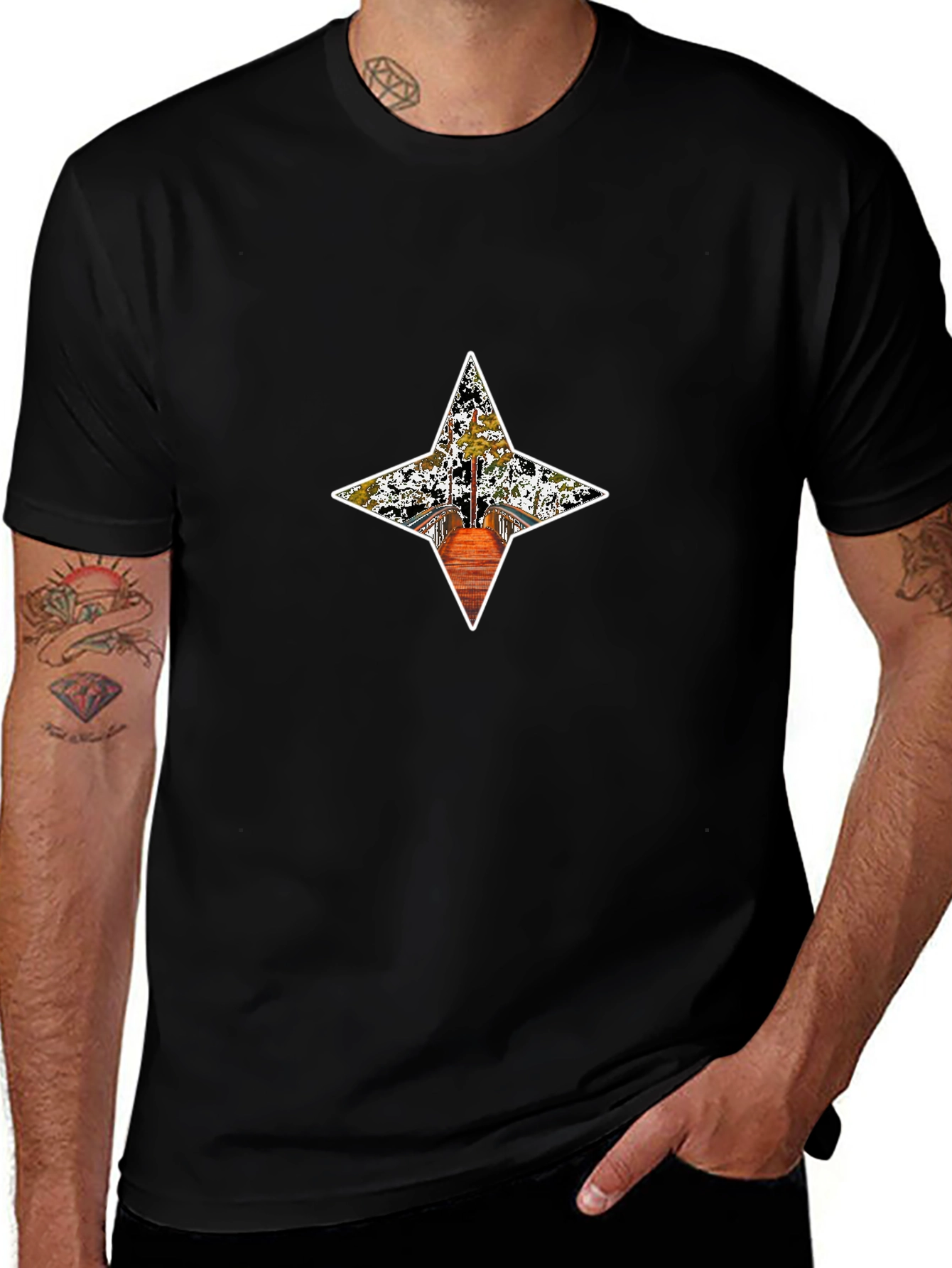 Stylish Black Tee with Star Bridge Graphic