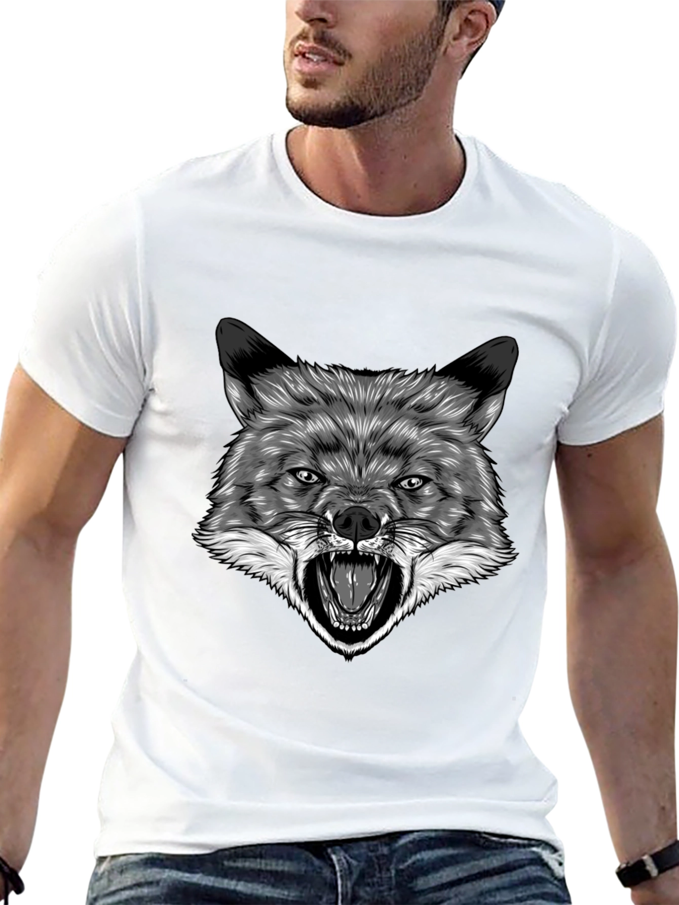 Mens Black T-Shirt with Wolf Graphic