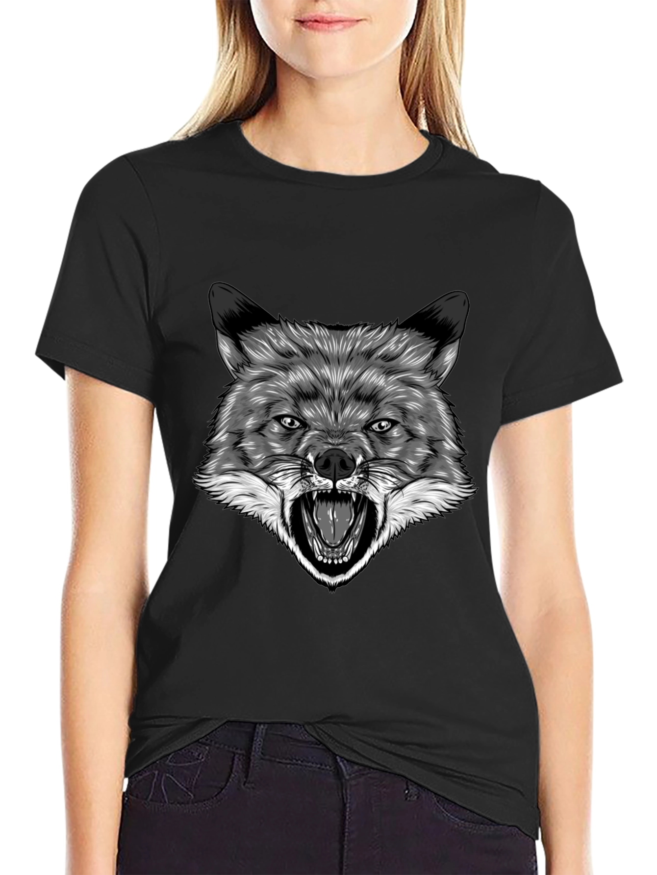 Mens Black T-Shirt with Wolf Graphic