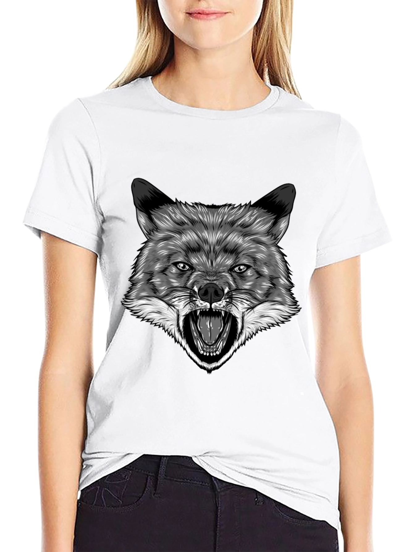 Mens Black T-Shirt with Wolf Graphic