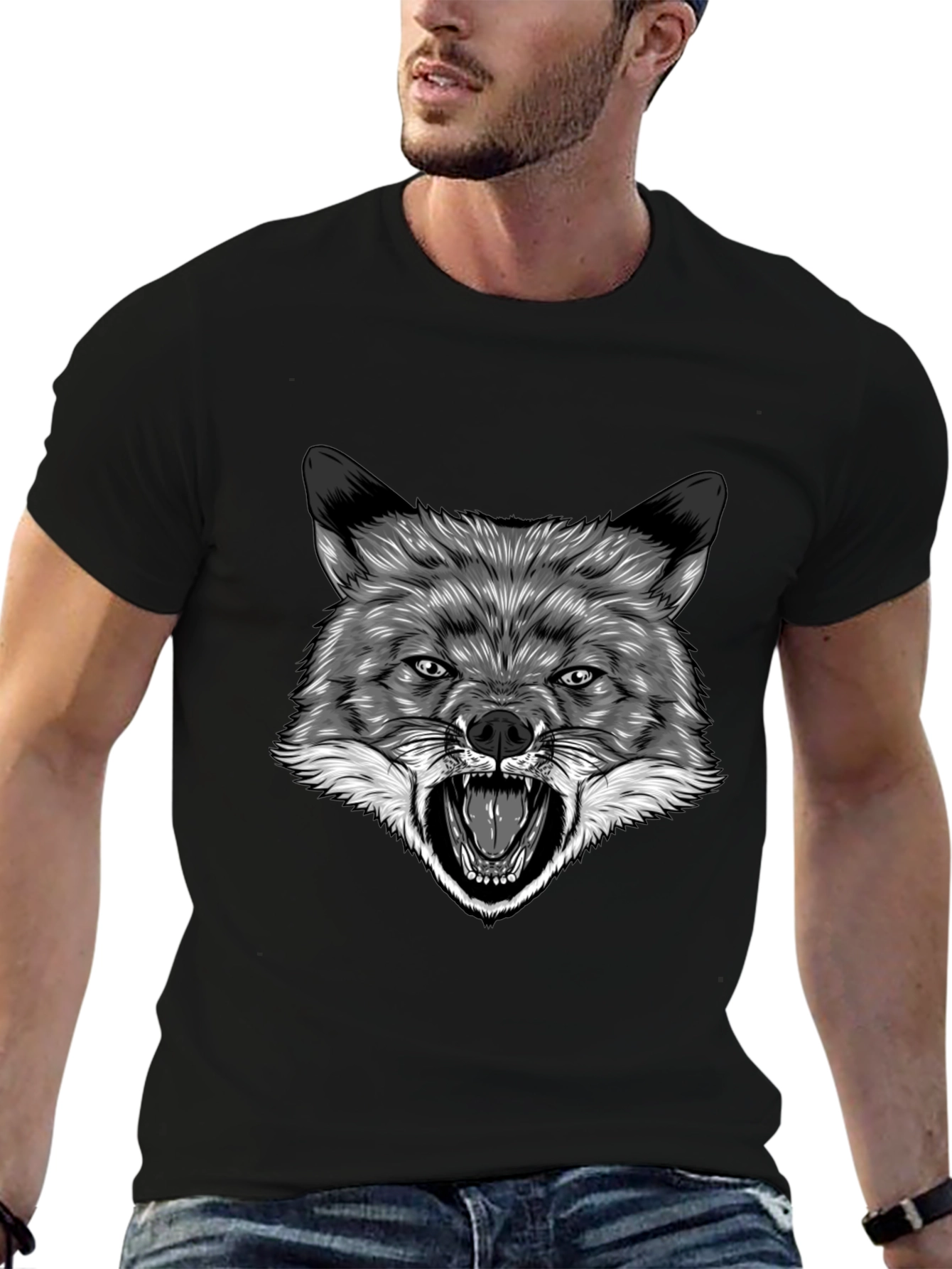 Mens Black T-Shirt with Wolf Graphic