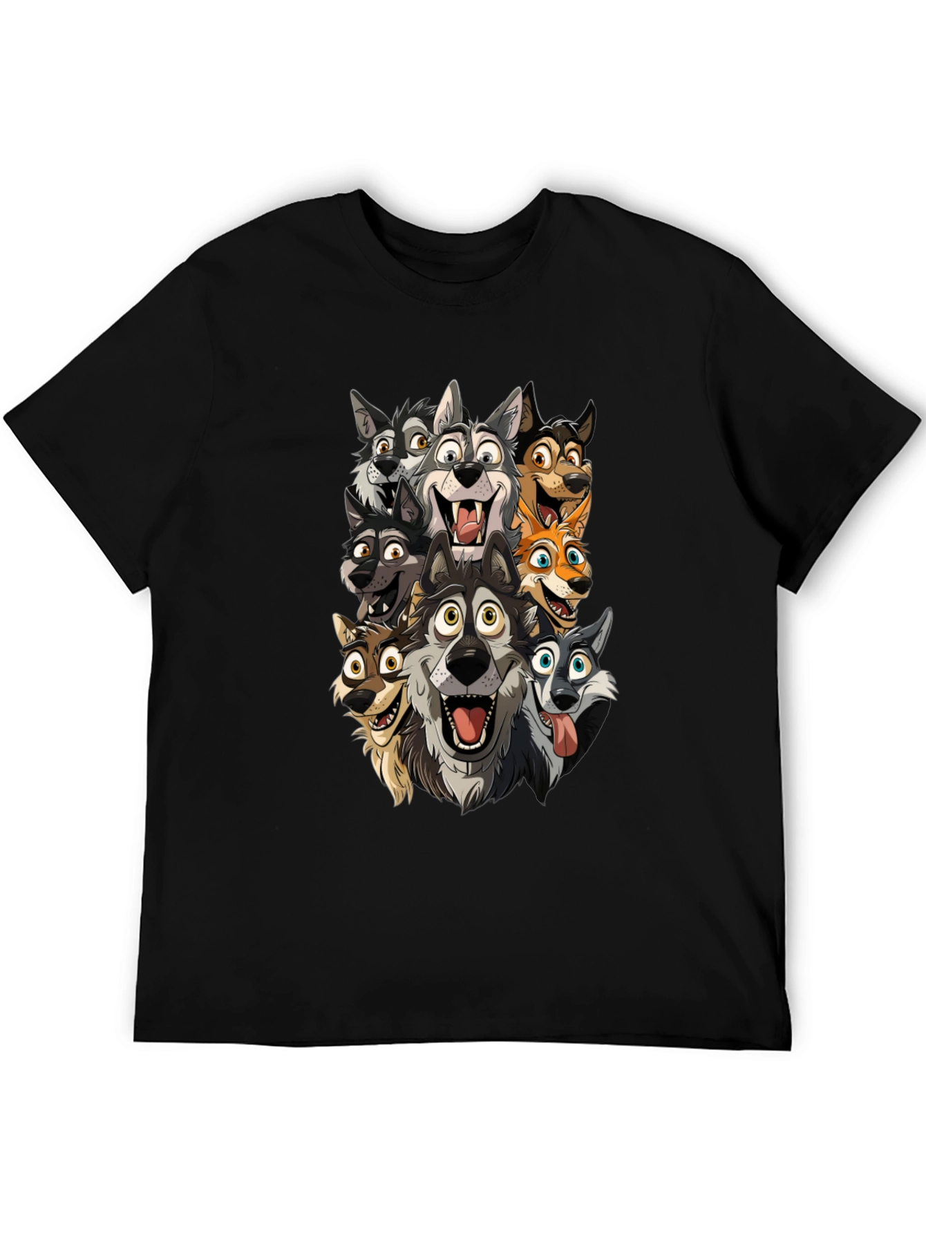 Cartoon Wolf Pack Black T-Shirt