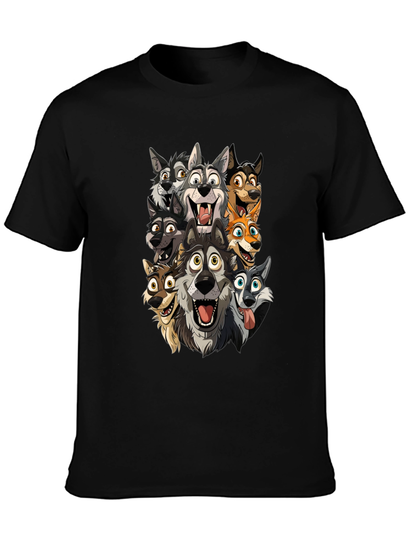 Cartoon Wolf Pack Black T-Shirt