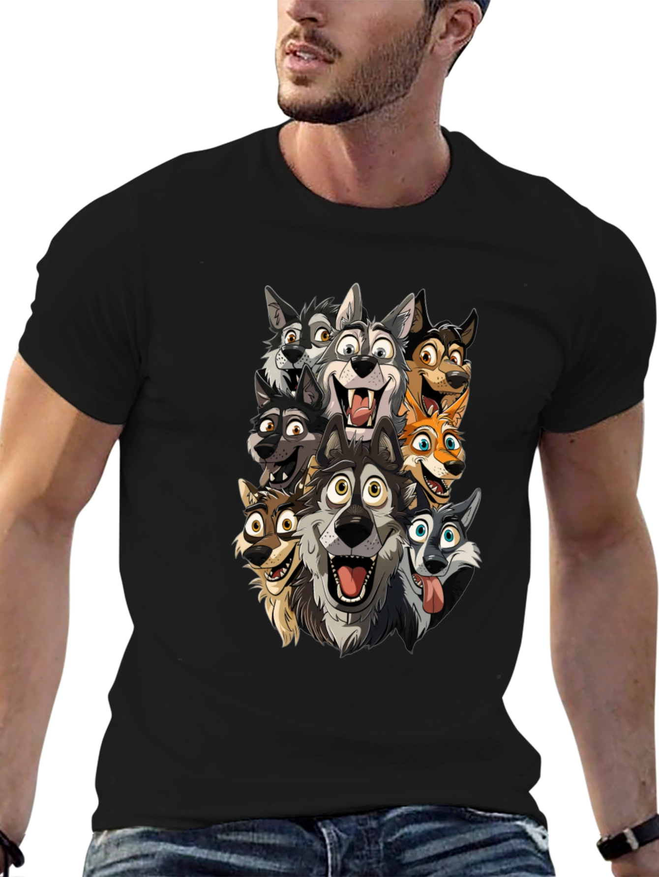 Cartoon Wolf Pack Black T-Shirt