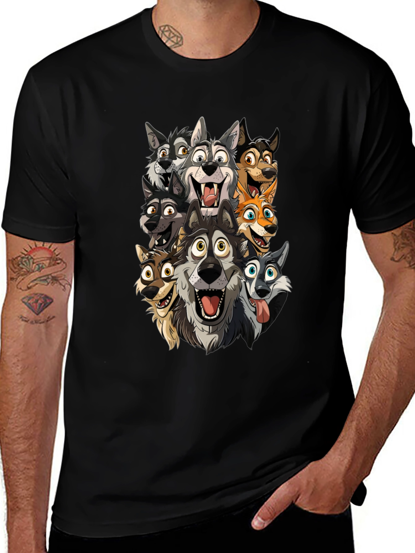 Cartoon Wolf Pack Black T-Shirt