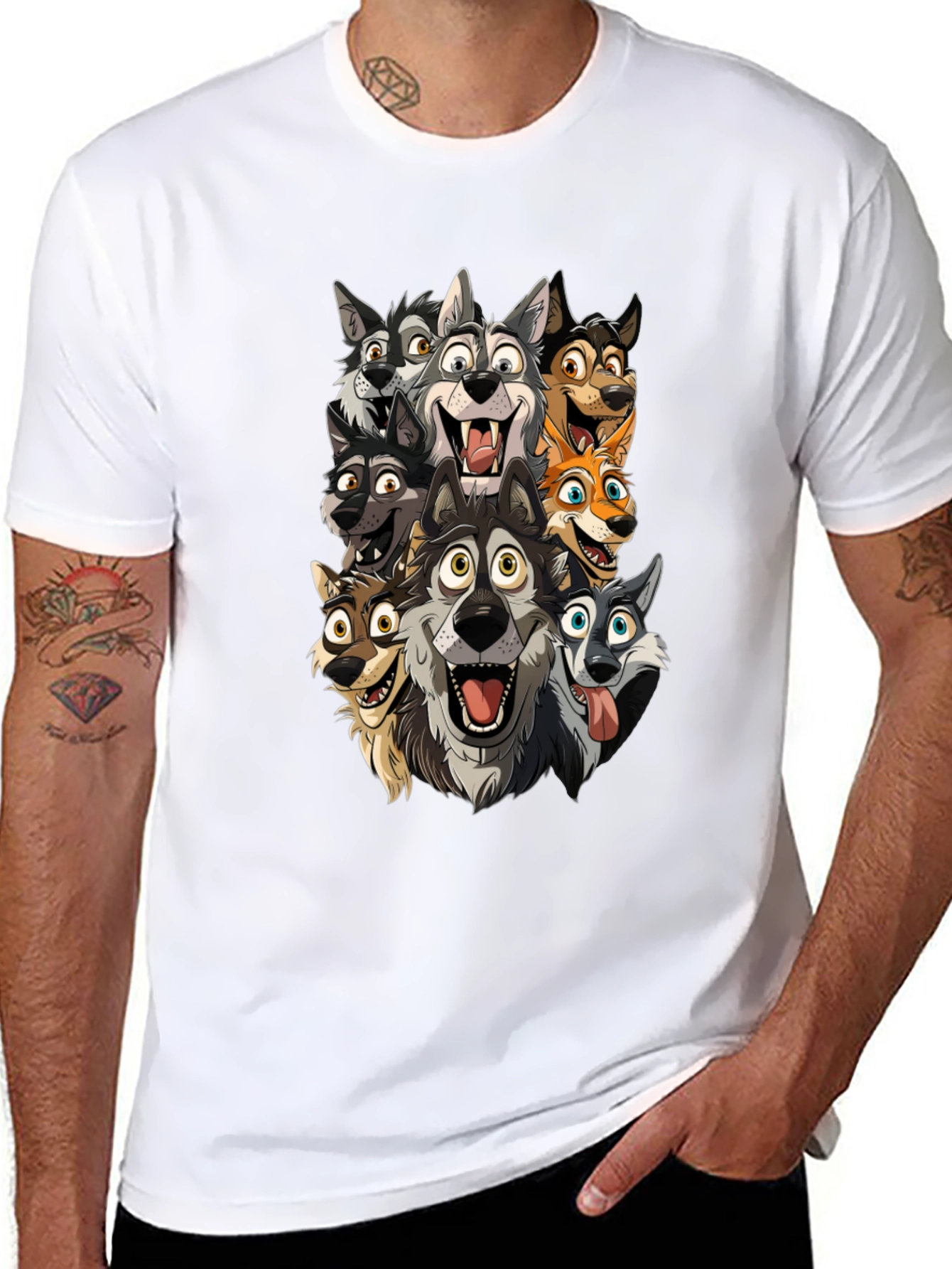 Cartoon Wolf Pack Black T-Shirt