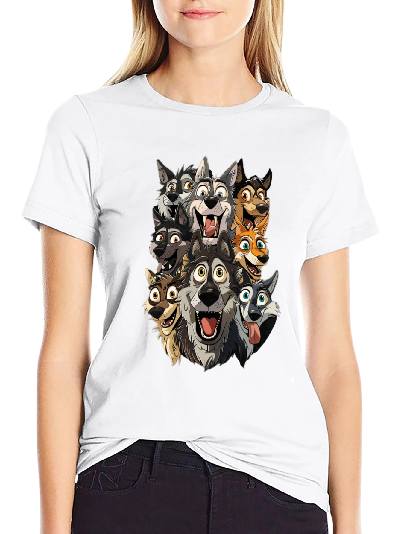 Cartoon Wolf Pack Black T-Shirt