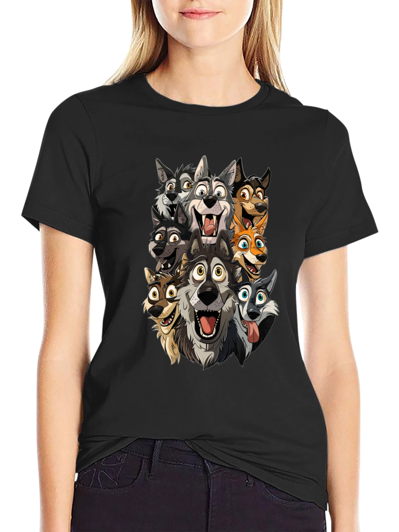 Cartoon Wolf Pack Black T-Shirt