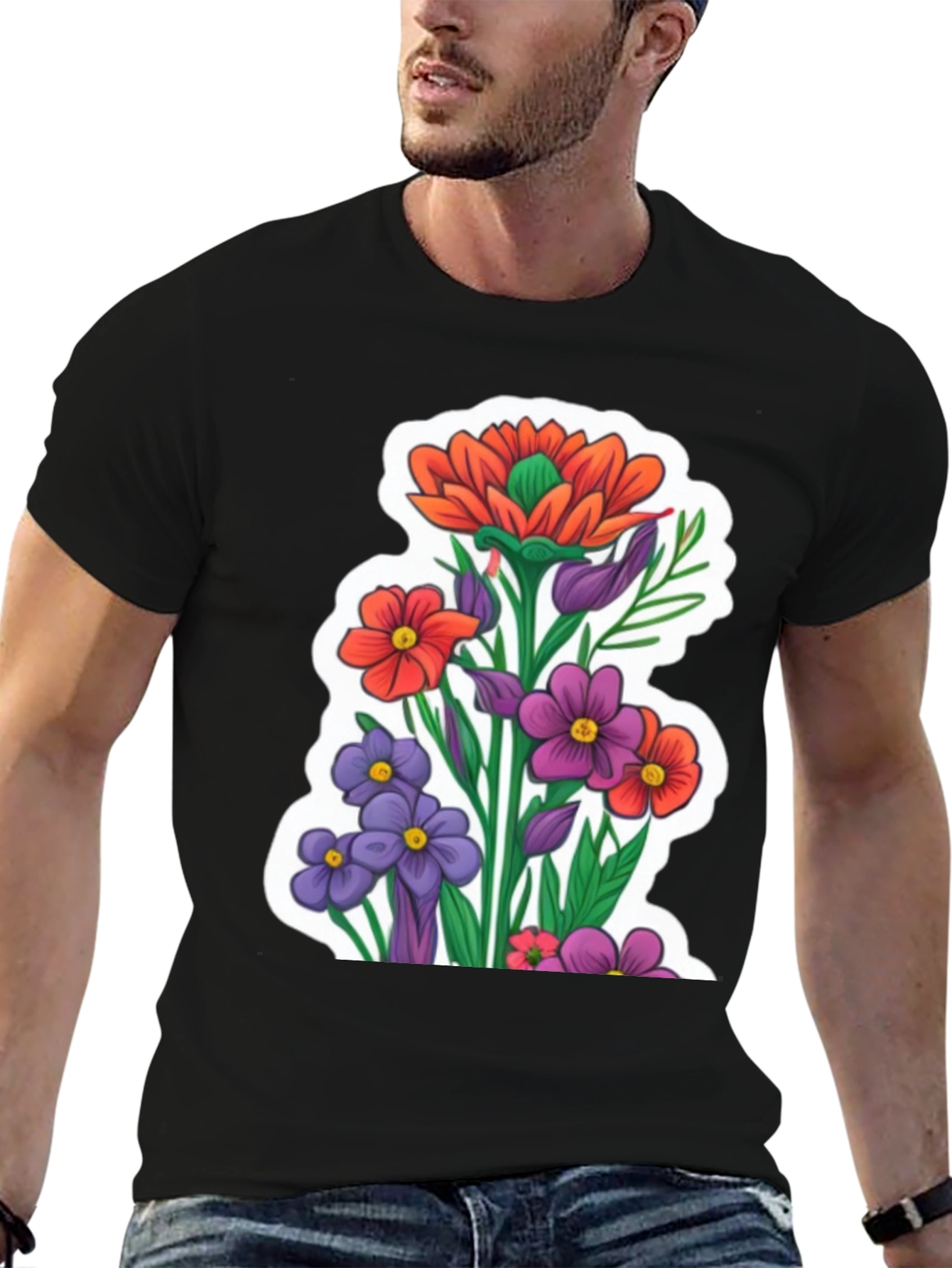 Floral Graphic Tee - Stylish Mens Black T-Shirt